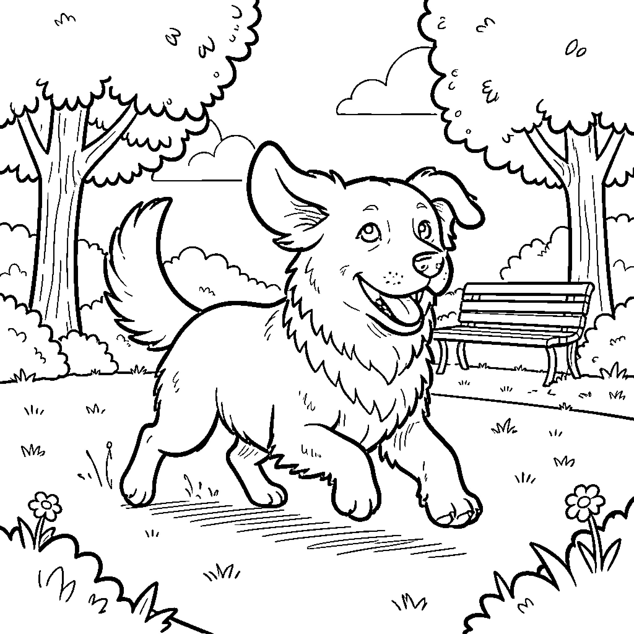 Dog running happily through a sunny park Coloring Page (free black-and-white line drawing printable PDF for all, from beginners to advanced learners, including children, teens, adults, and seniors)
