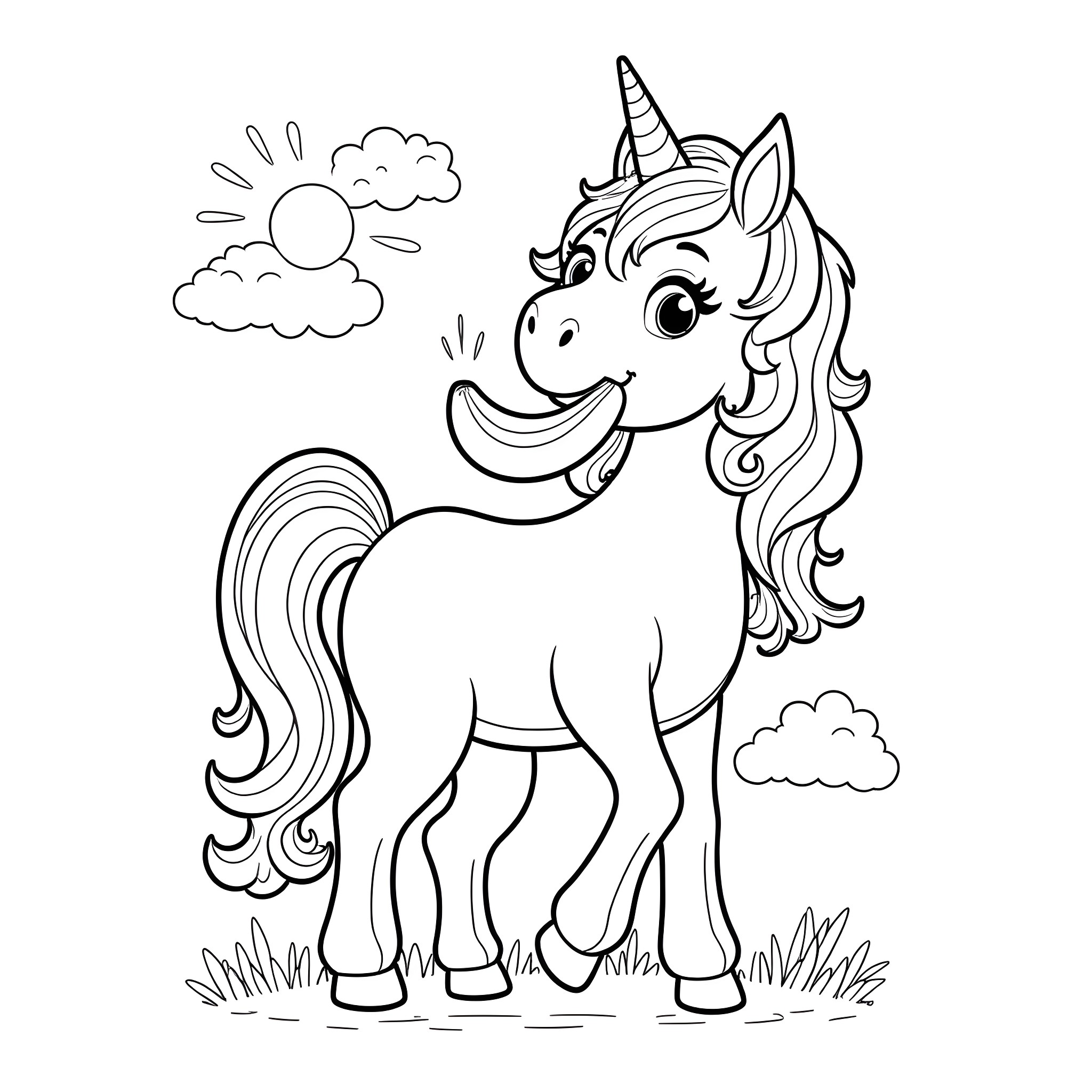 Unicorn enjoying the sunny day Coloring Page (free black-and-white line drawing printable PDF for all, from beginners to advanced learners, including children, teens, adults, and seniors)
