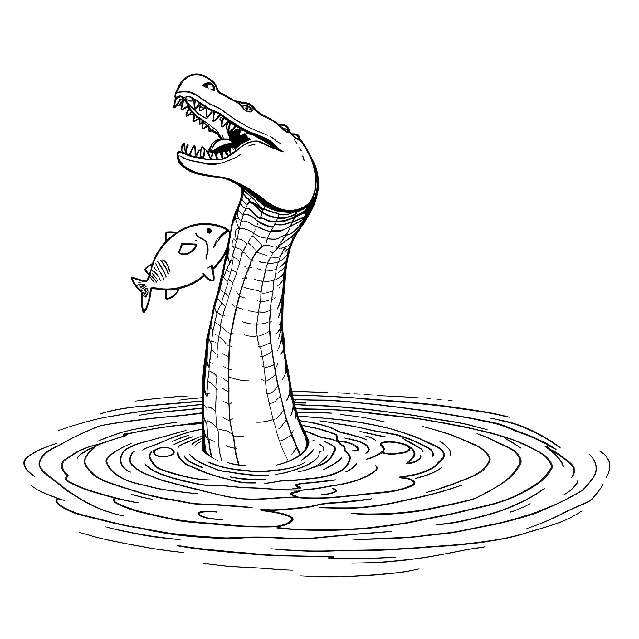 Fish Feeding Frenzy in Circular Ripples Coloring Page (free black-and-white line drawing printable PDF for all, from beginners to advanced learners, including children, teens, adults, and seniors)