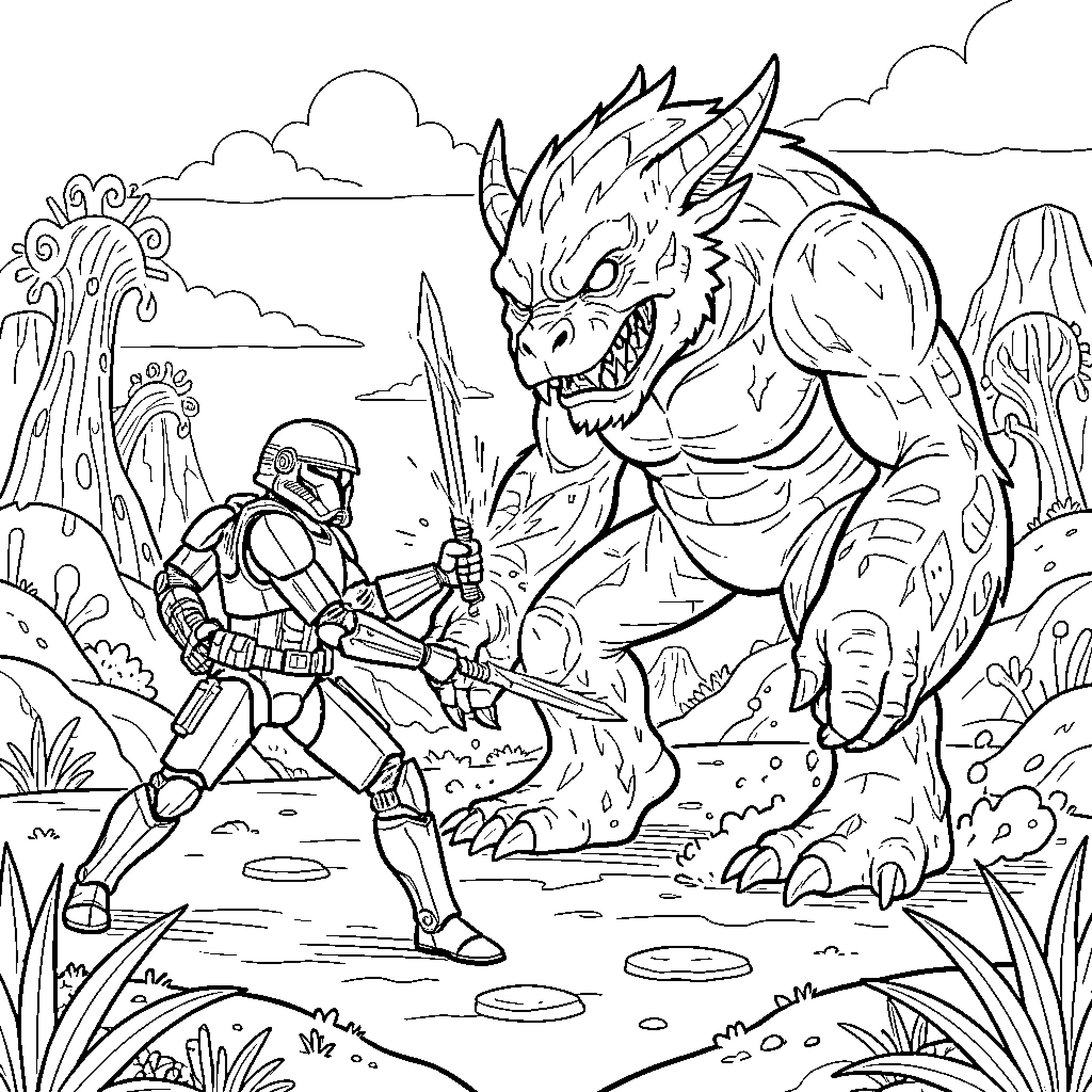 Soldier facing off against a giant dragon creature Coloring Page (free black-and-white line drawing printable PDF for all, from beginners to advanced learners, including children, teens, adults, and seniors)