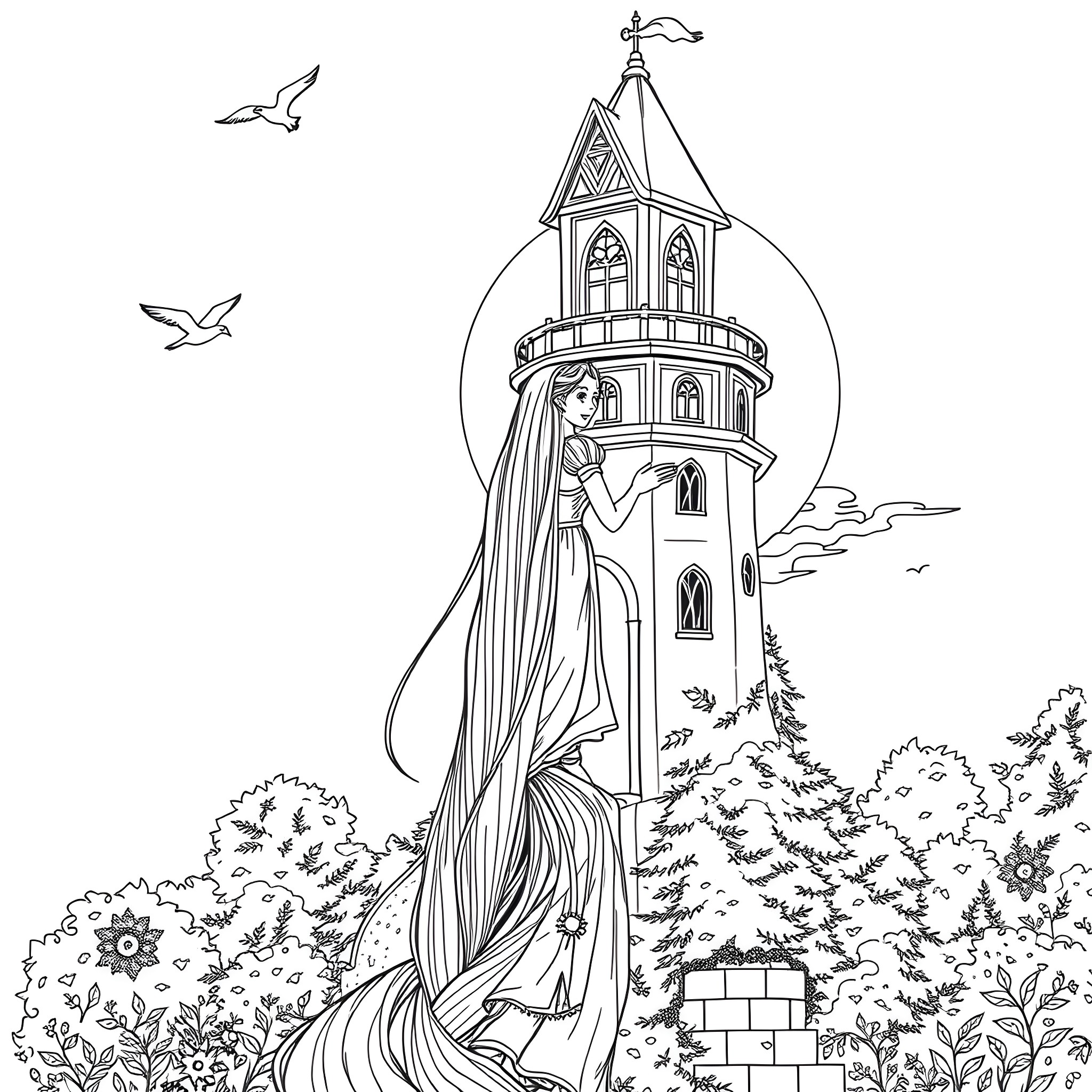 Rapunzel in a magnificent tower admiring the nature around her Coloring Page (free black-and-white line drawing printable PDF for all, from beginners to advanced learners, including children, teens, adults, and seniors)