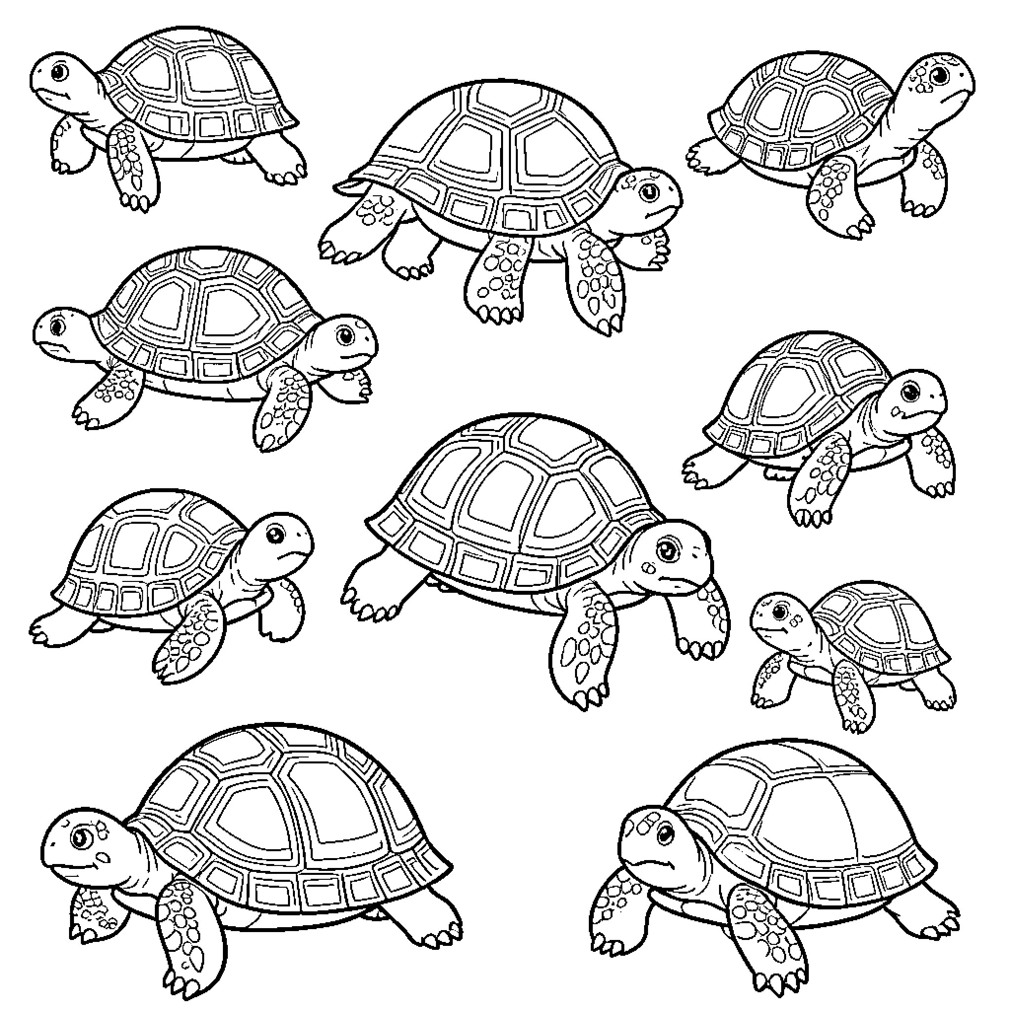 Tortuga turtles crawling in different poses Coloring Page (free black-and-white line drawing printable PDF for all, from beginners to advanced learners, including children, teens, adults, and seniors)