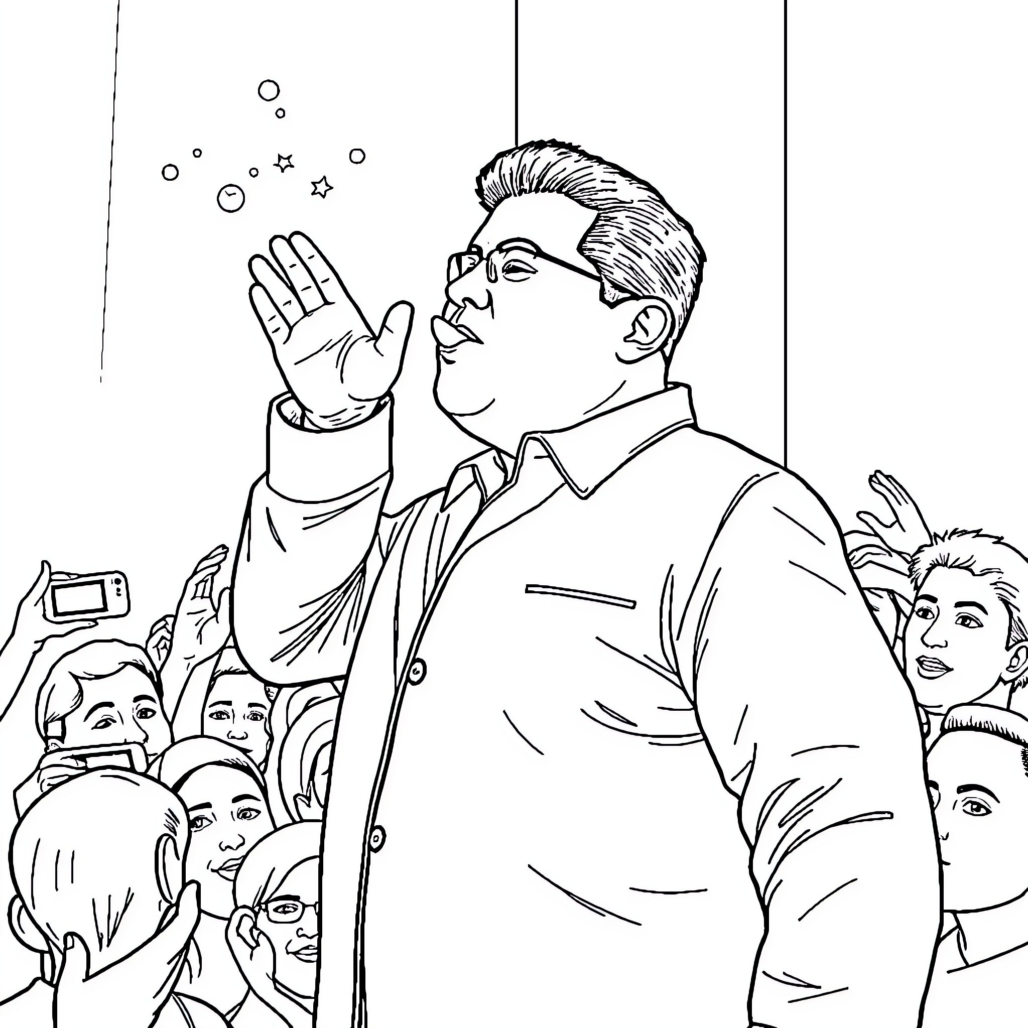 Nicolás Maduro addressing a crowd of supporters Coloring Page (free black-and-white line drawing printable PDF for all, from beginners to advanced learners, including children, teens, adults, and seniors)