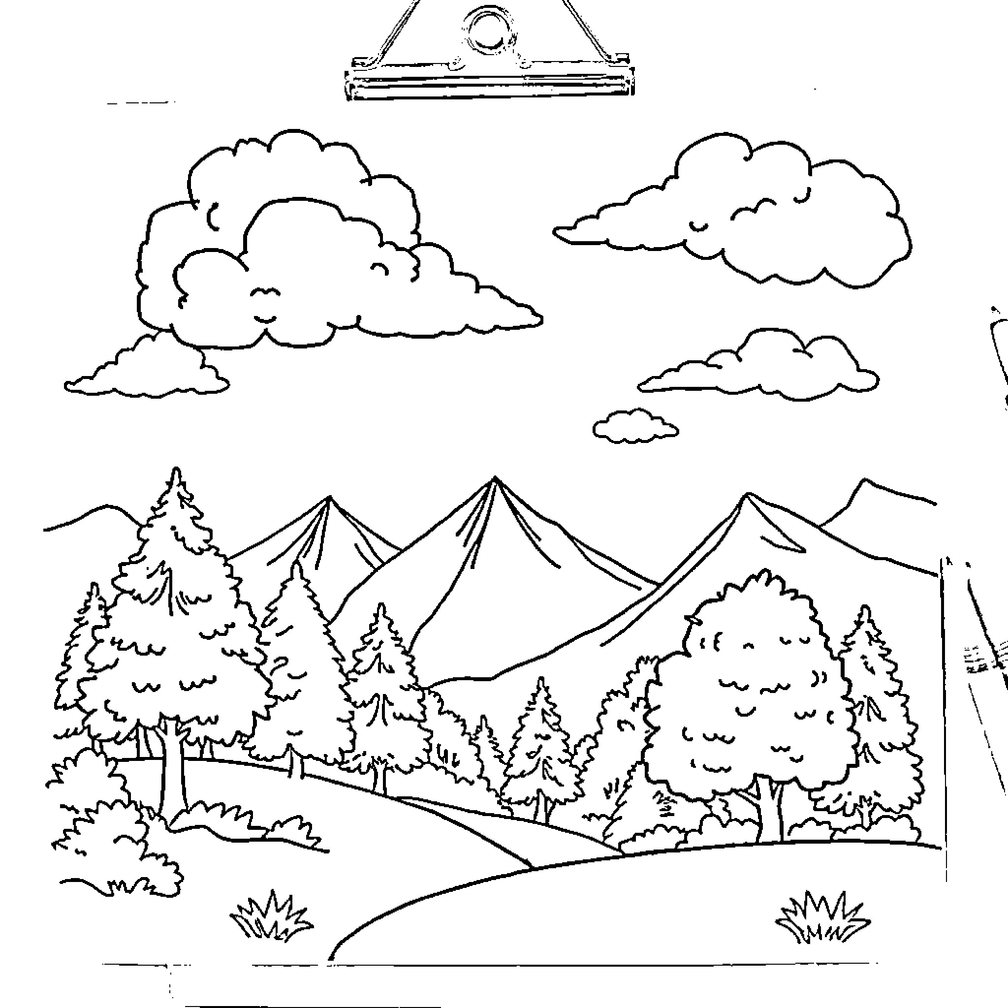 Bob Ross painting a serene mountain landscape Coloring Page (free black-and-white line drawing printable PDF for all, from beginners to advanced learners, including children, teens, adults, and seniors)