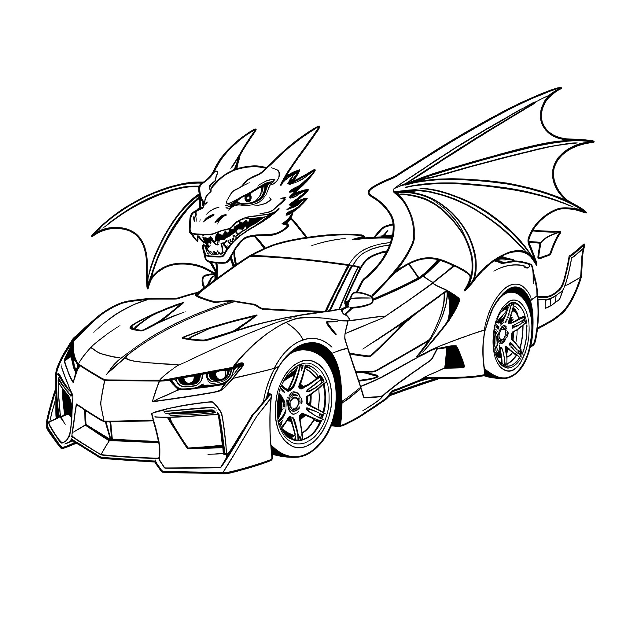 Dragon driving a futuristic sports car Coloring Page (free black-and-white line drawing printable PDF for all, from beginners to advanced learners, including children, teens, adults, and seniors)