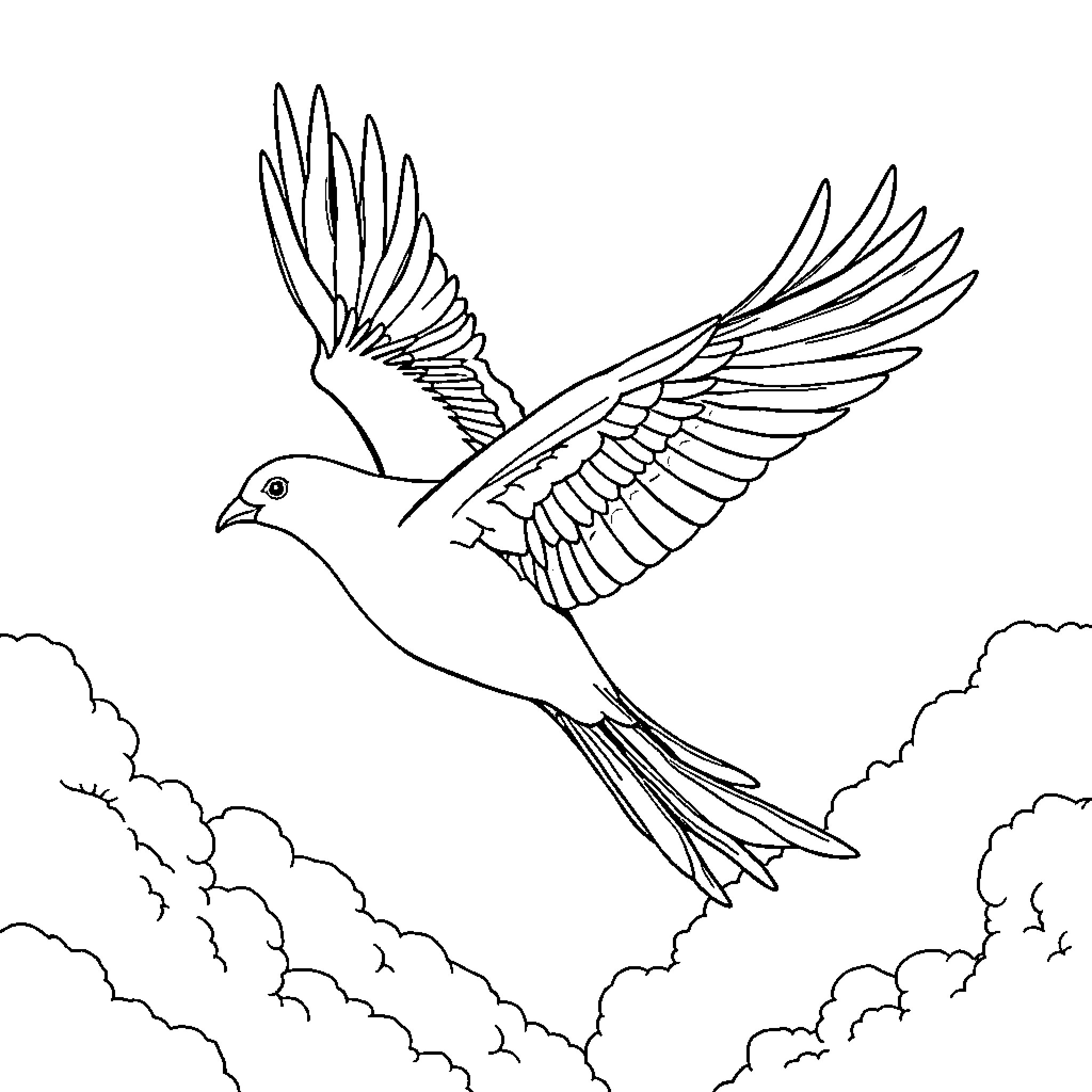 Phoenix bird soaring through the cloudy sky Coloring Page (free black-and-white line drawing printable PDF for all, from beginners to advanced learners, including children, teens, adults, and seniors)