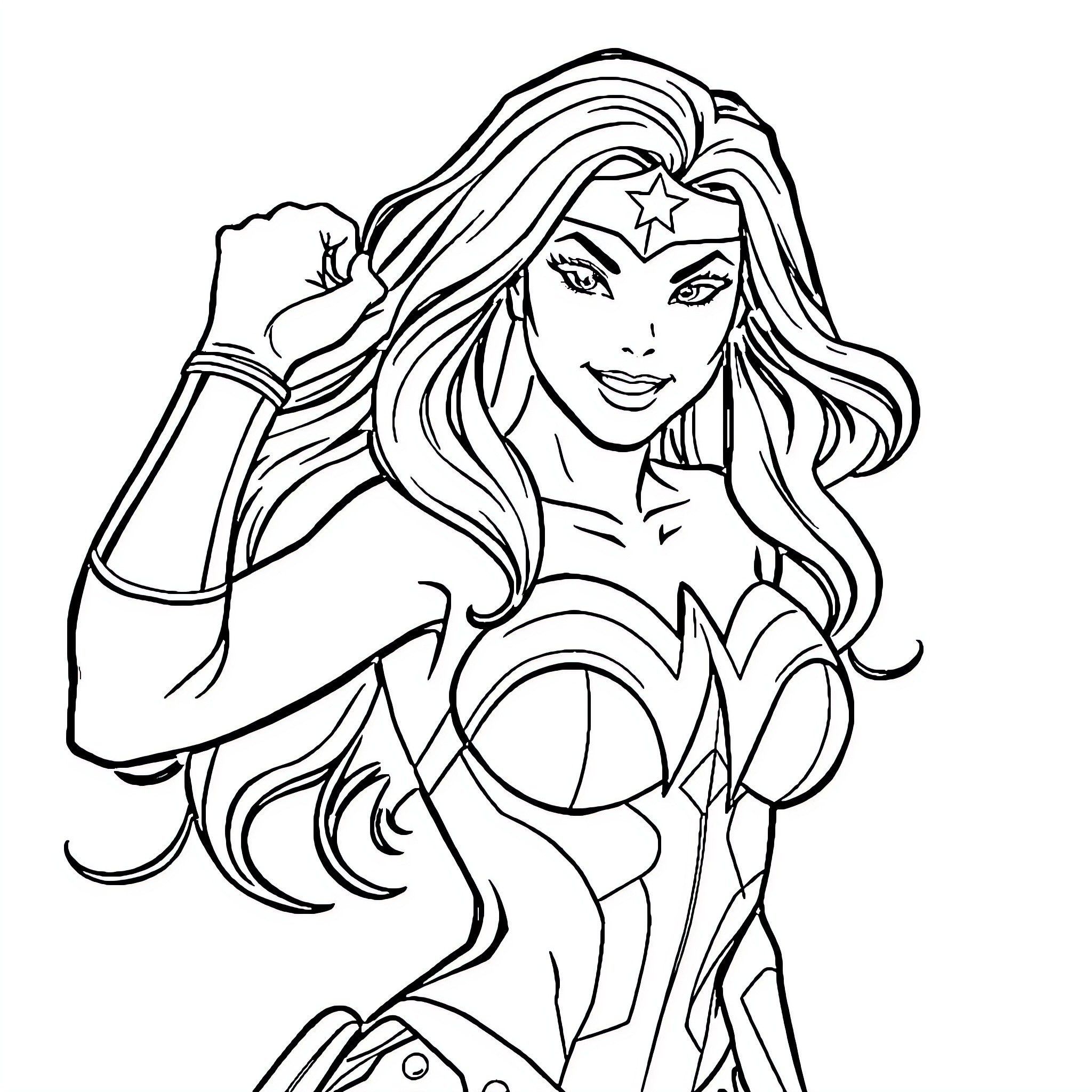 Wonder Woman in heroic pose with flowing hair Coloring Page (free black-and-white line drawing printable PDF for all, from beginners to advanced learners, including children, teens, adults, and seniors)