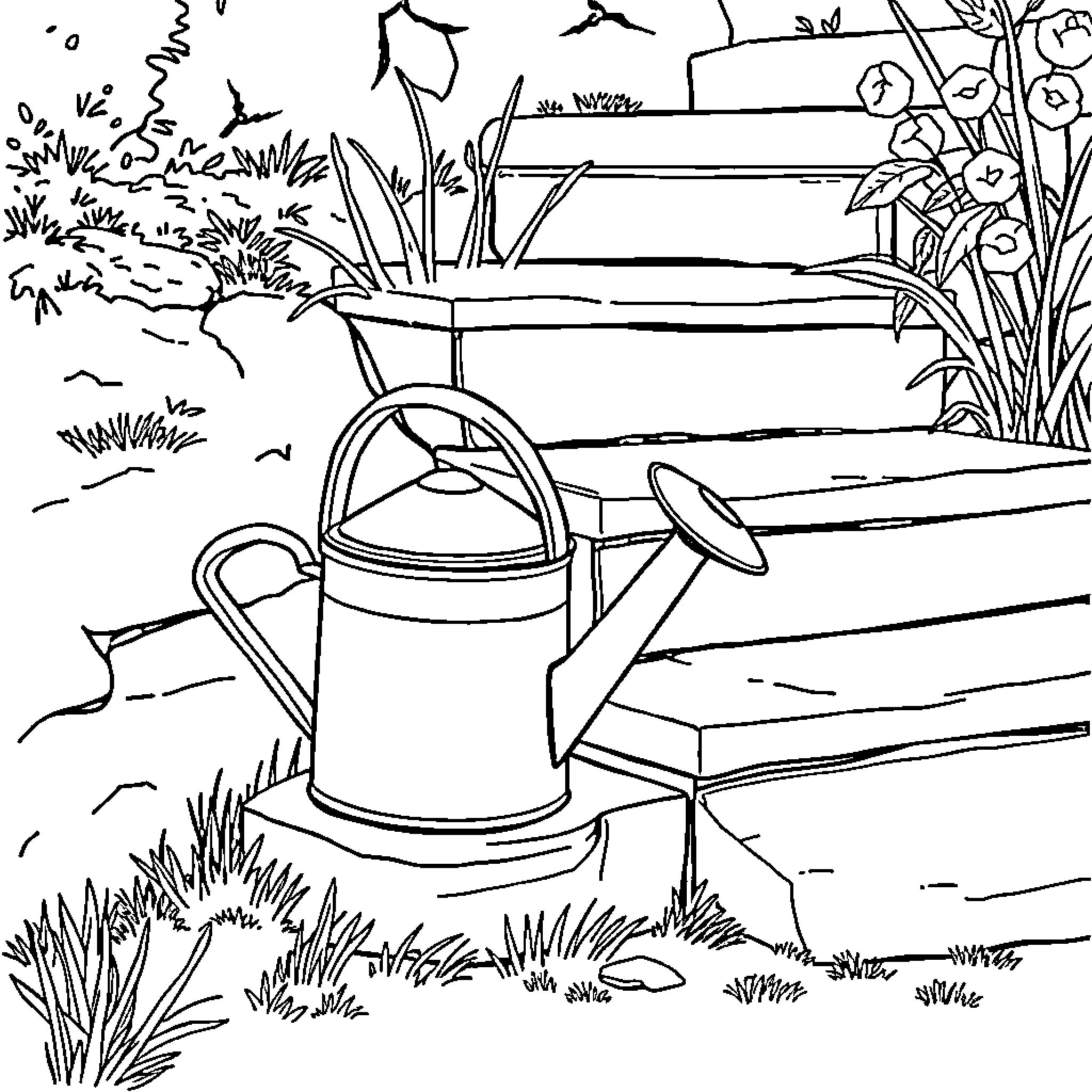 Watering Can in a Lush Garden Landscape Coloring Page (free black-and-white line drawing printable PDF for all, from beginners to advanced learners, including children, teens, adults, and seniors)