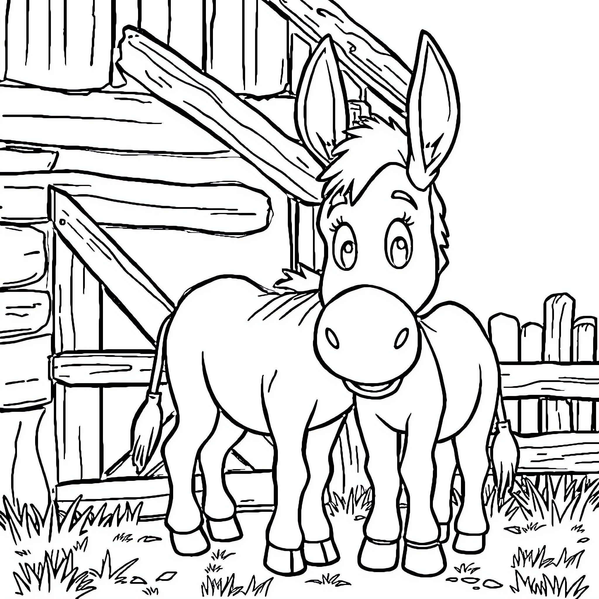 Donkey standing in a farm setting Coloring Page (free black-and-white line drawing printable PDF for all, from beginners to advanced learners, including children, teens, adults, and seniors)