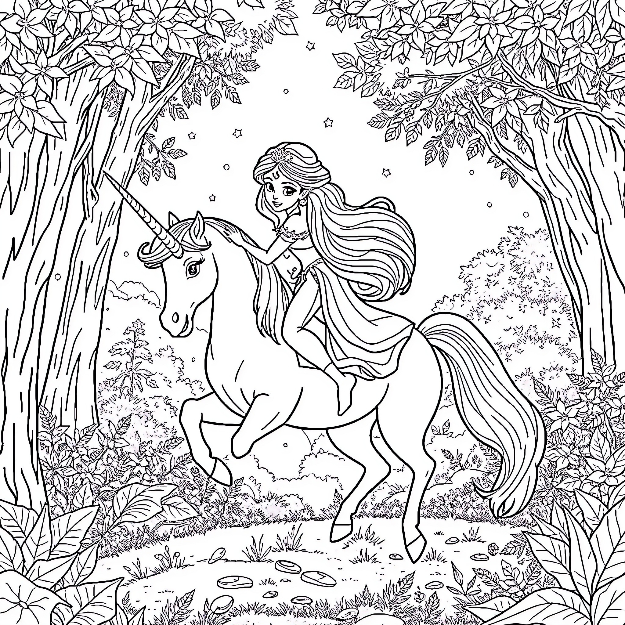 Jasmine's Enchanted Unicorn Ride Coloring Page (free black-and-white line drawing printable PDF for all, from beginners to advanced learners, including children, teens, adults, and seniors)