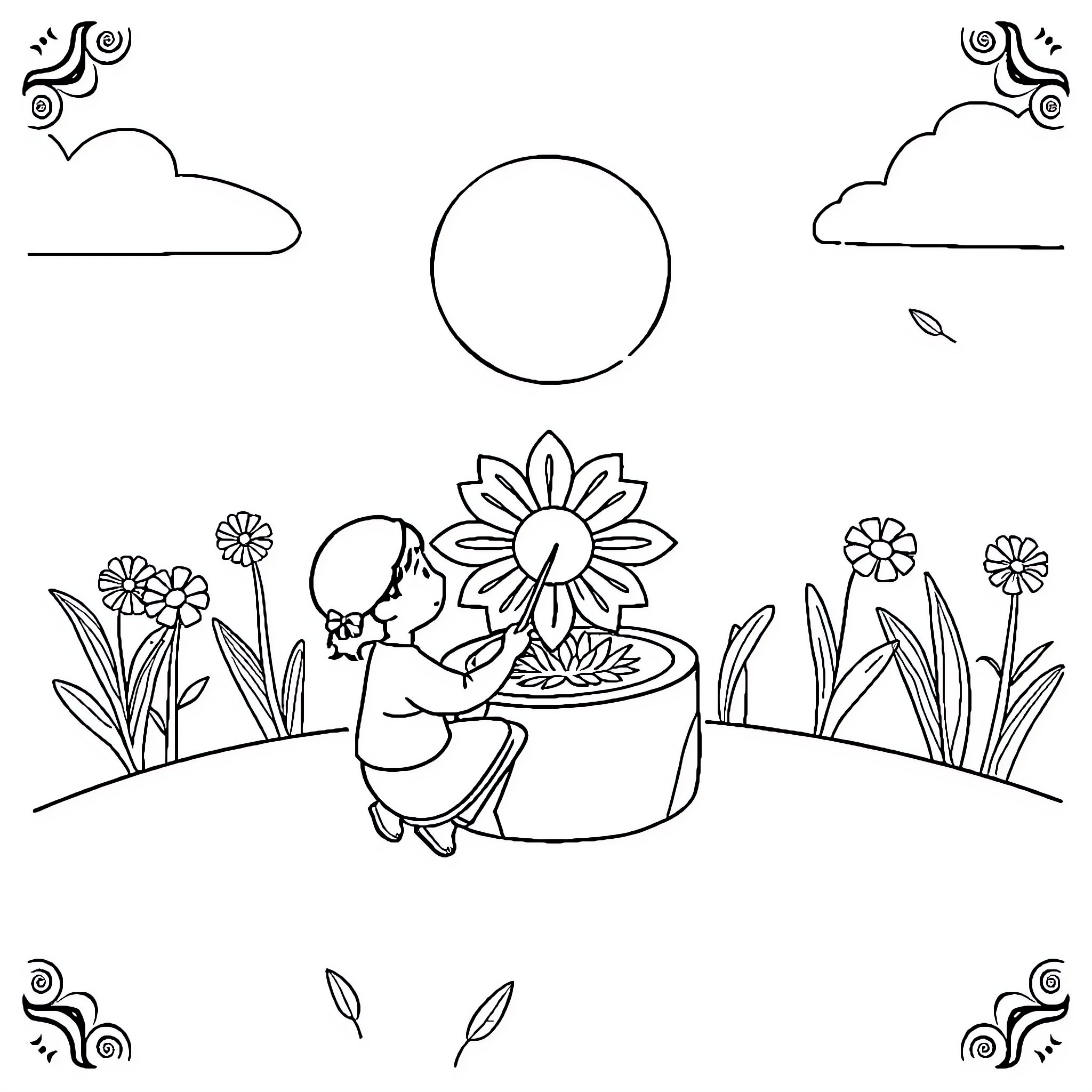 Contest Gardening in a Peaceful Landscape Coloring Page (free black-and-white line drawing printable PDF for all, from beginners to advanced learners, including children, teens, adults, and seniors)