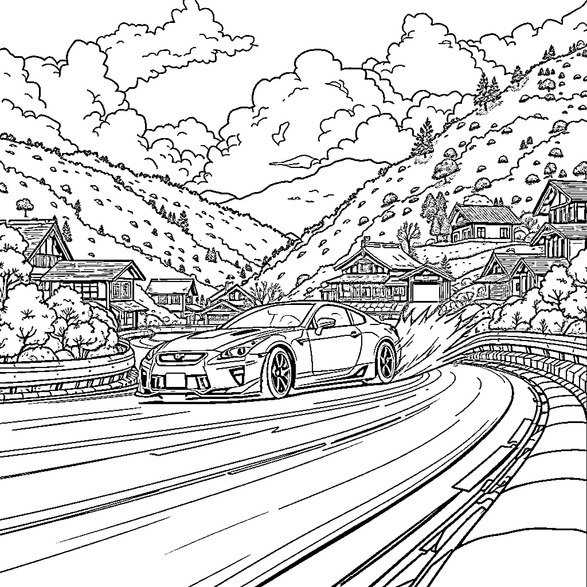 Car speeding through a scenic mountain town Coloring Page (free black-and-white line drawing printable PDF for all, from beginners to advanced learners, including children, teens, adults, and seniors)