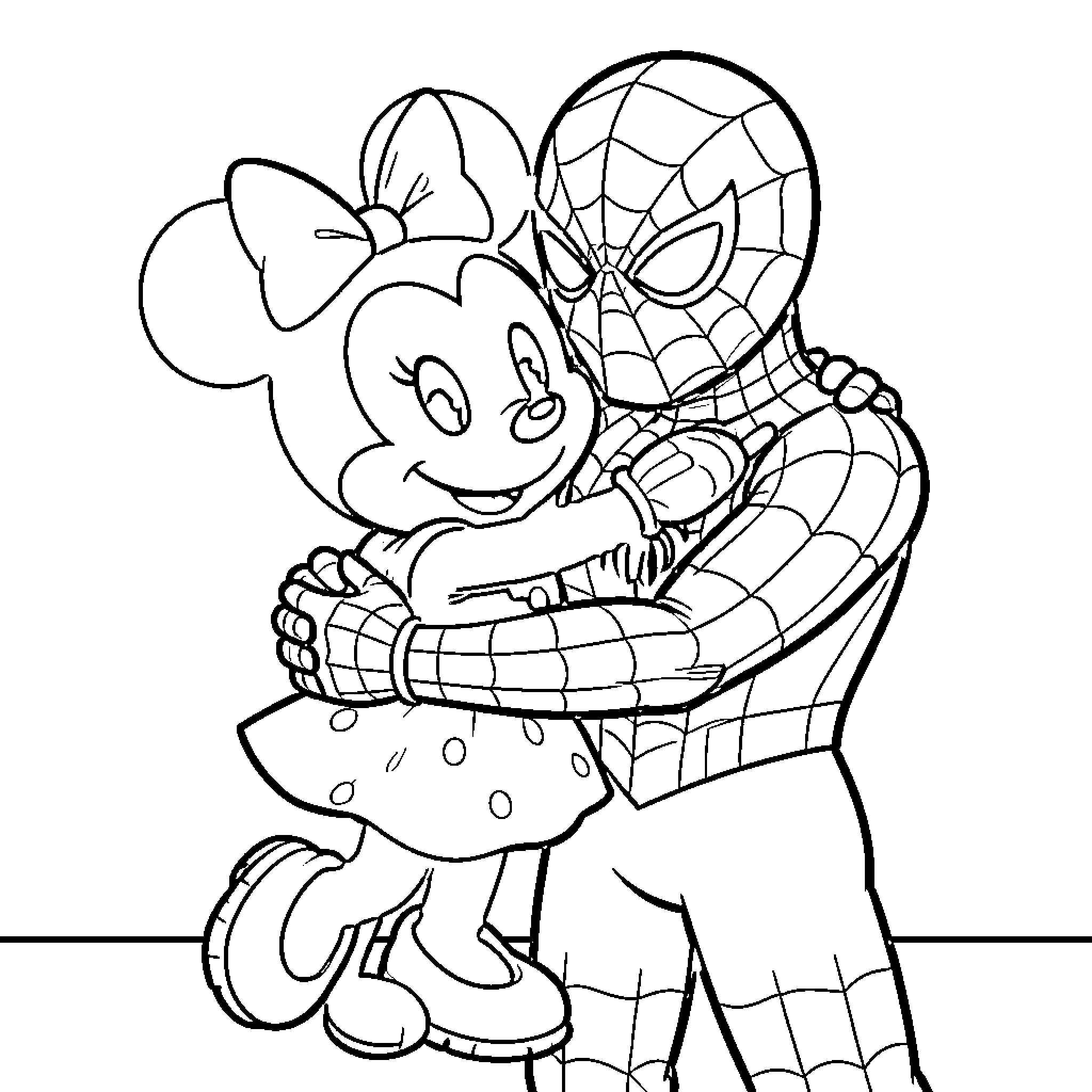 Minnie hugging Spider-Man with a happy expression Coloring Page (free black-and-white line drawing printable PDF for all, from beginners to advanced learners, including children, teens, adults, and seniors)