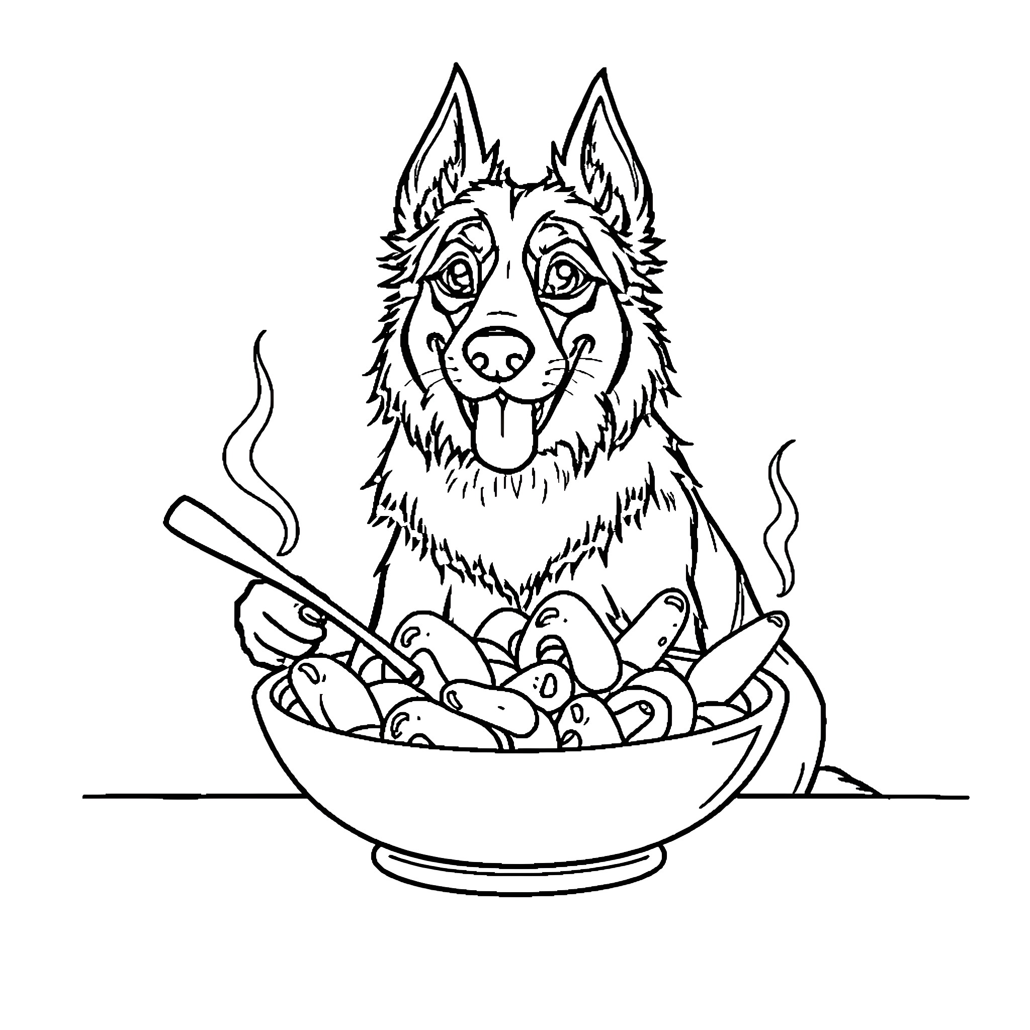 Perro enjoying a hot meal Coloring Page (free black-and-white line drawing printable PDF for all, from beginners to advanced learners, including children, teens, adults, and seniors)