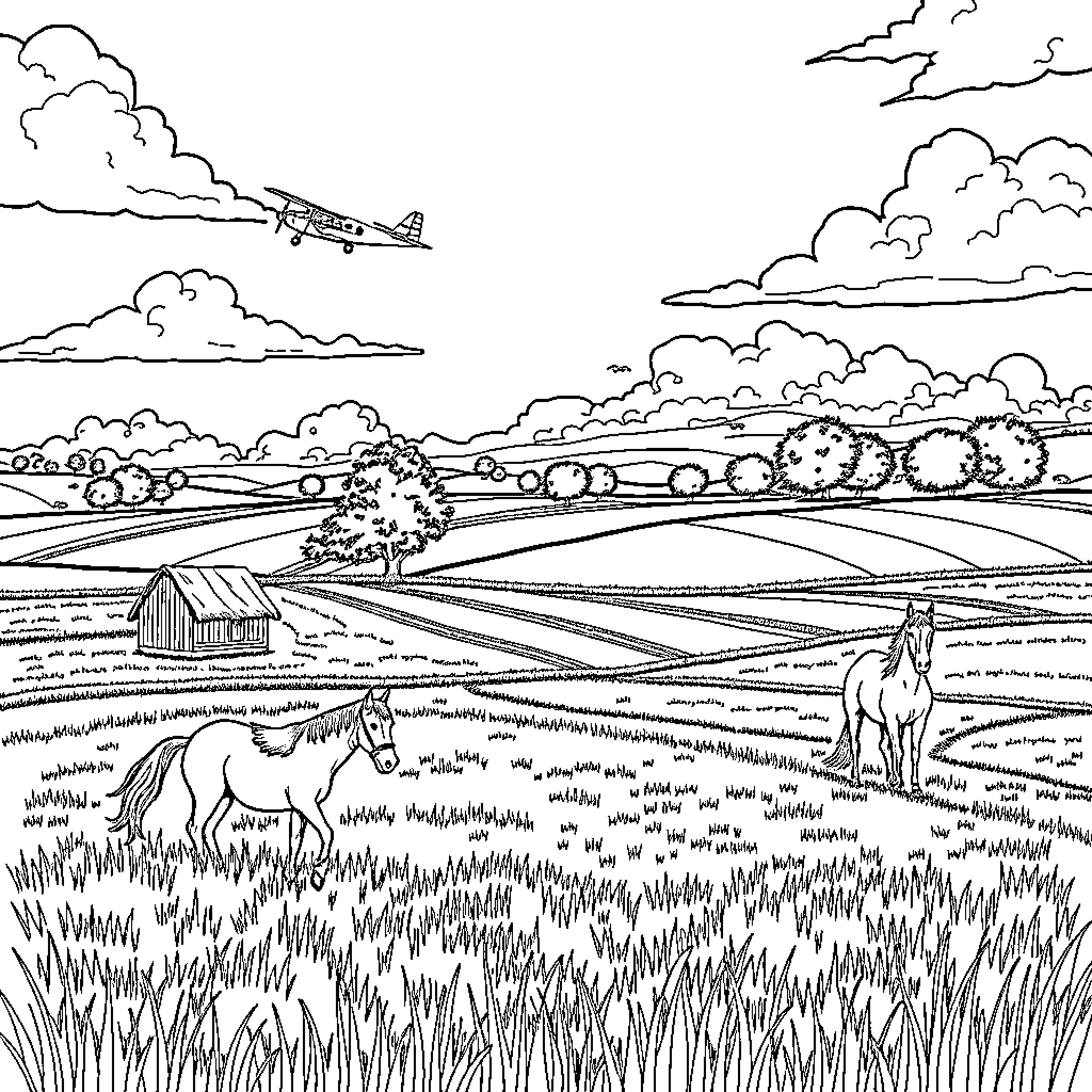 Farmer's pastoral landscape with grazing horses and airplane Coloring Page (free black-and-white line drawing printable PDF for all, from beginners to advanced learners, including children, teens, adults, and seniors)