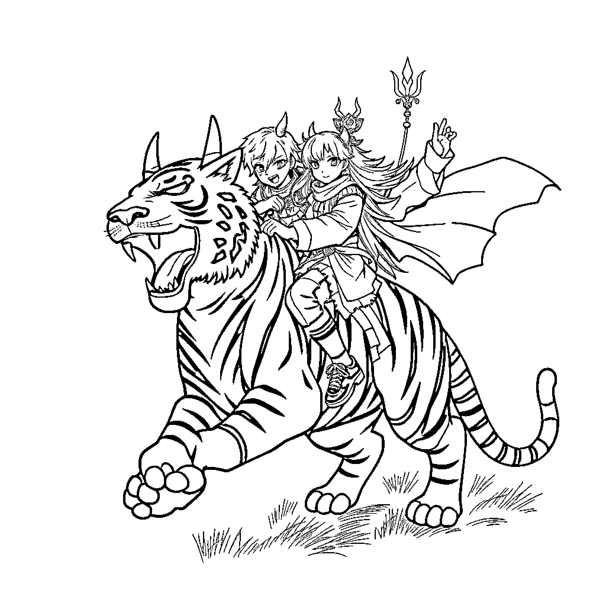 Demon Hunter riding a ferocious tiger Coloring Page (free black-and-white line drawing printable PDF for all, from beginners to advanced learners, including children, teens, adults, and seniors)