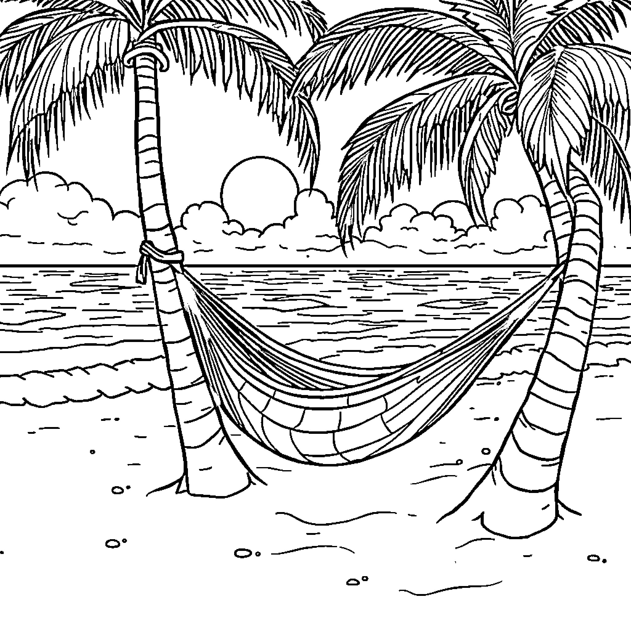 Hammock swinging on a tropical beach Coloring Page (free black-and-white line drawing printable PDF for all, from beginners to advanced learners, including children, teens, adults, and seniors)