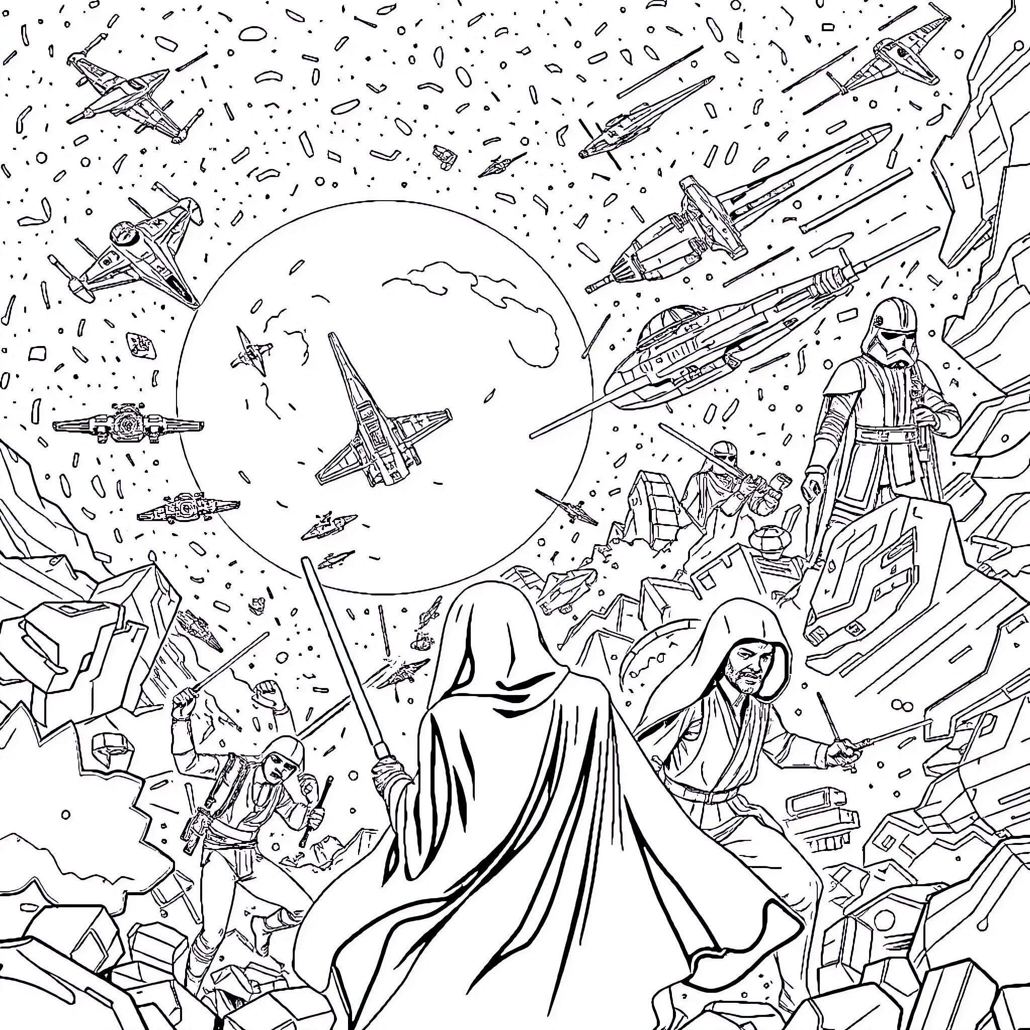 Star Wars: Galactic Battle with Iconic Starships Coloring Page (free black-and-white line drawing printable PDF for all, from beginners to advanced learners, including children, teens, adults, and seniors)