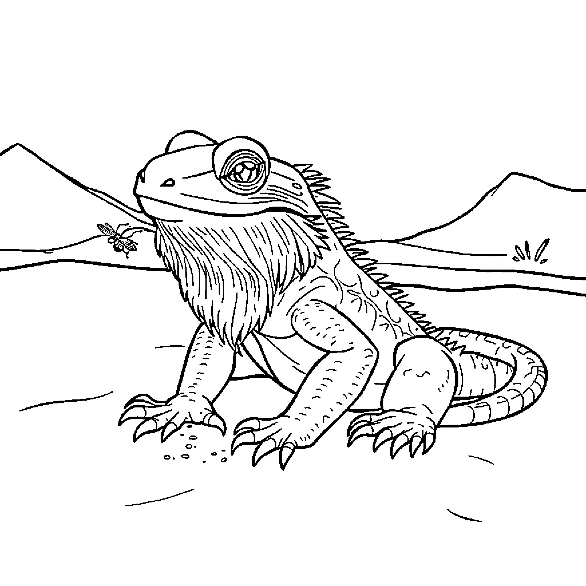 Bearded Dragon exploring desert landscape Coloring Page (free black-and-white line drawing printable PDF for all, from beginners to advanced learners, including children, teens, adults, and seniors)
