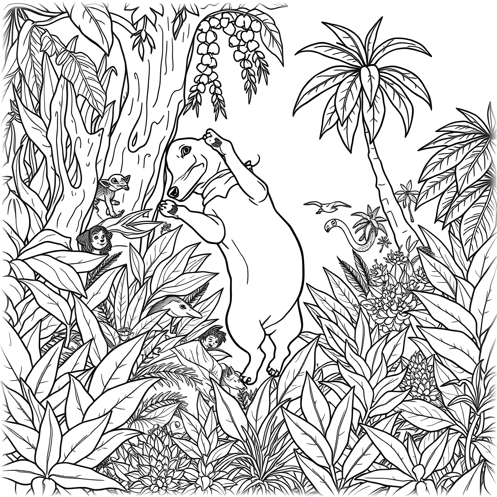 Dachshund exploring the lush tropical jungle Coloring Page (free black-and-white line drawing printable PDF for all, from beginners to advanced learners, including children, teens, adults, and seniors)