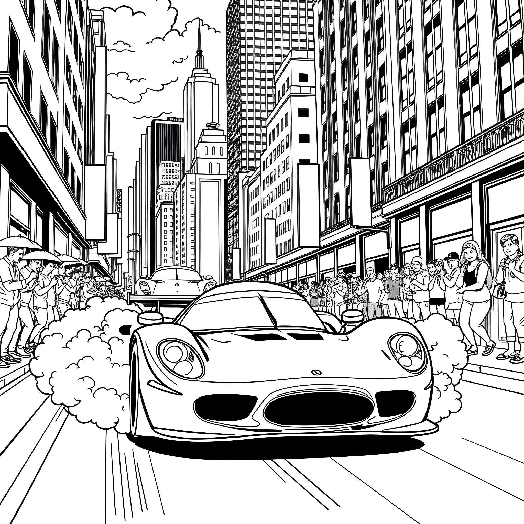 Racecar speeding through crowded city streets Coloring Page (free black-and-white line drawing printable PDF for all, from beginners to advanced learners, including children, teens, adults, and seniors)