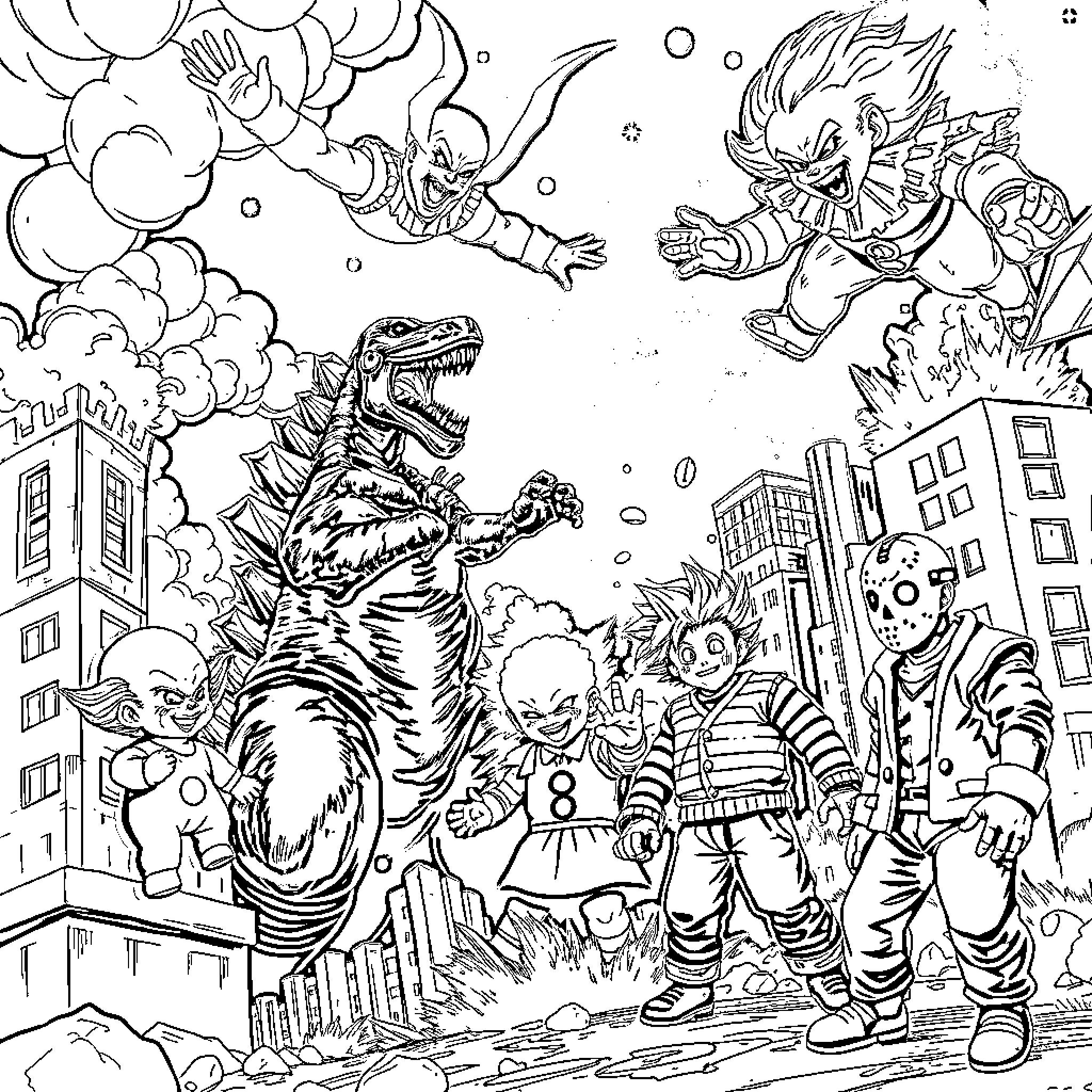 Monster Mayhem in the City Streets Coloring Page (free black-and-white line drawing printable PDF for all, from beginners to advanced learners, including children, teens, adults, and seniors)