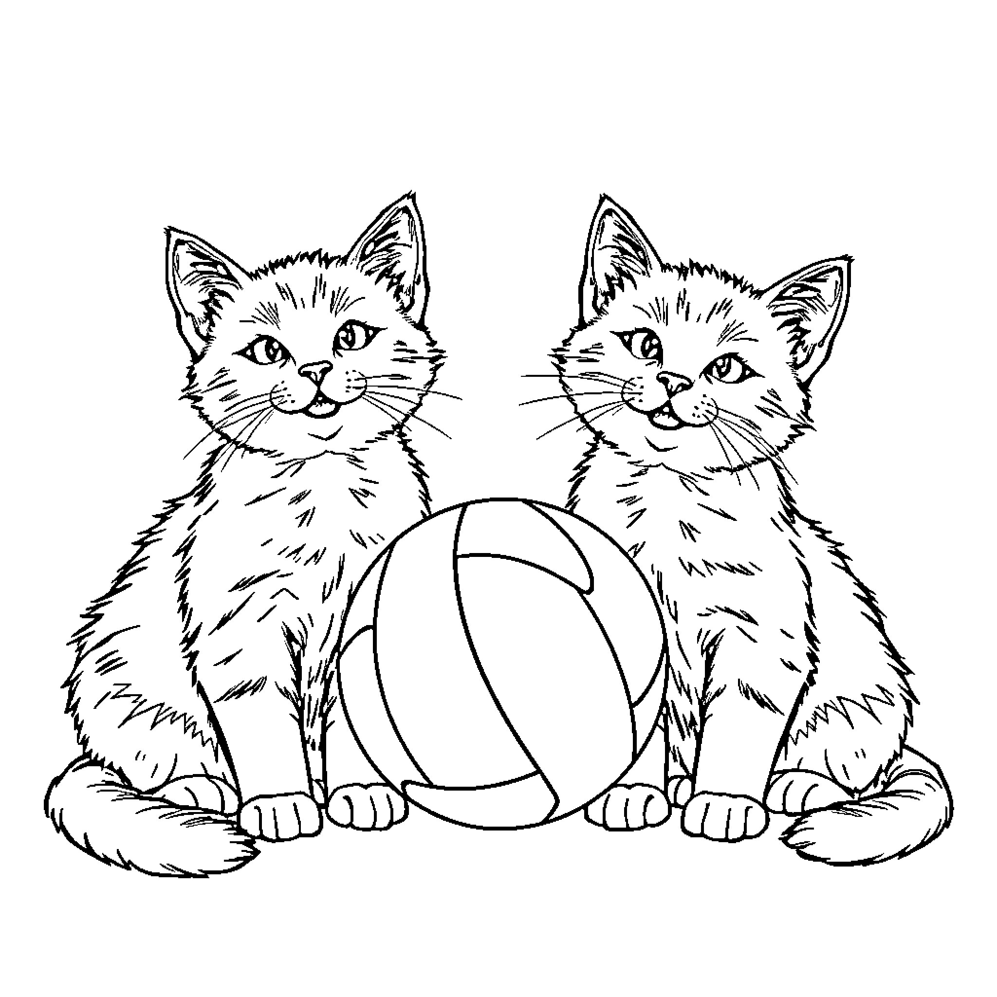 Cats playing with ball in black and white Coloring Page (free black-and-white line drawing printable PDF for all, from beginners to advanced learners, including children, teens, adults, and seniors)