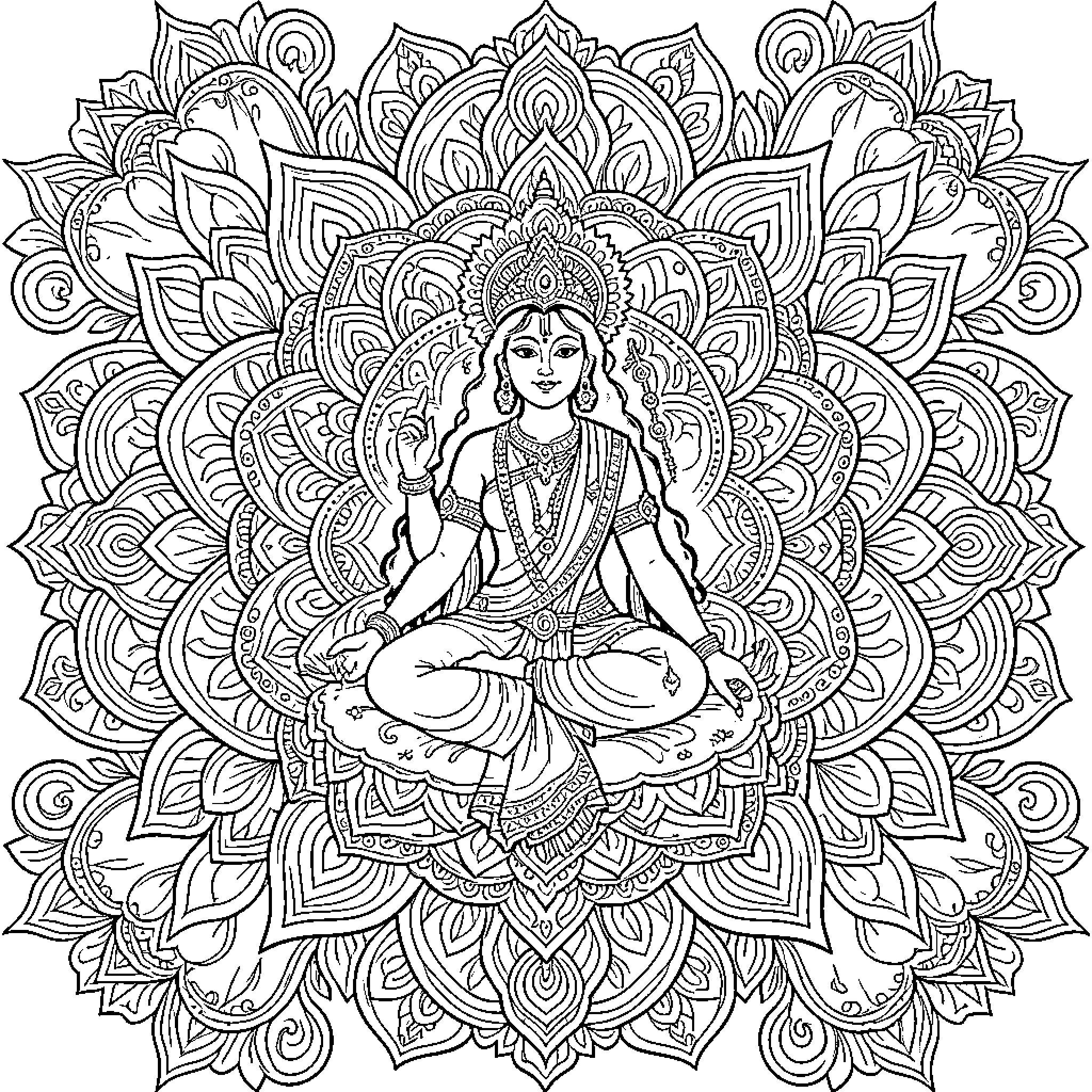 Goddess meditating peacefully amidst intricate lotus petals Coloring Page (free black-and-white line drawing printable PDF for all, from beginners to advanced learners, including children, teens, adults, and seniors)