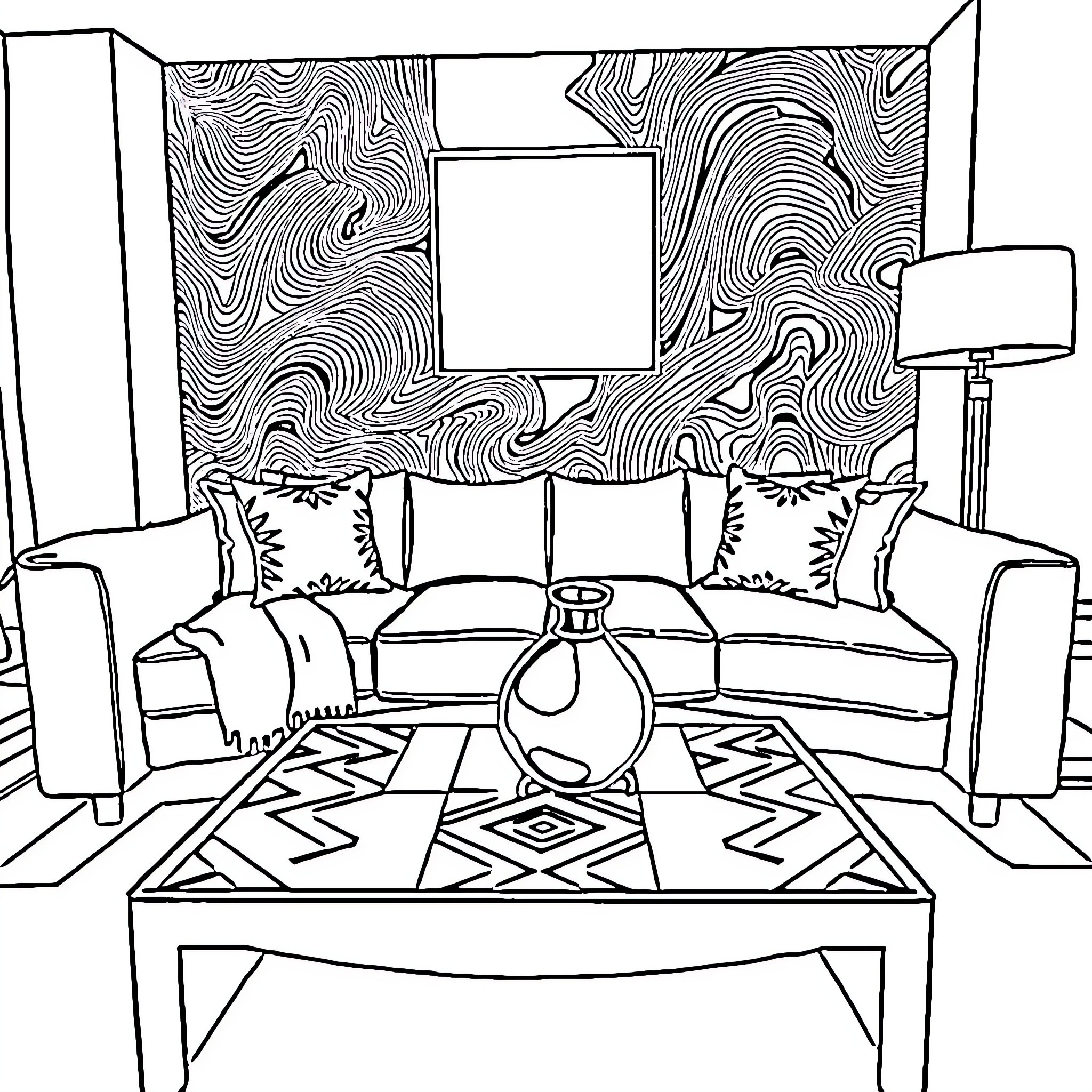 Living Room with Geometric Patterns and Furnishings Coloring Page (free black-and-white line drawing printable PDF for all, from beginners to advanced learners, including children, teens, adults, and seniors)