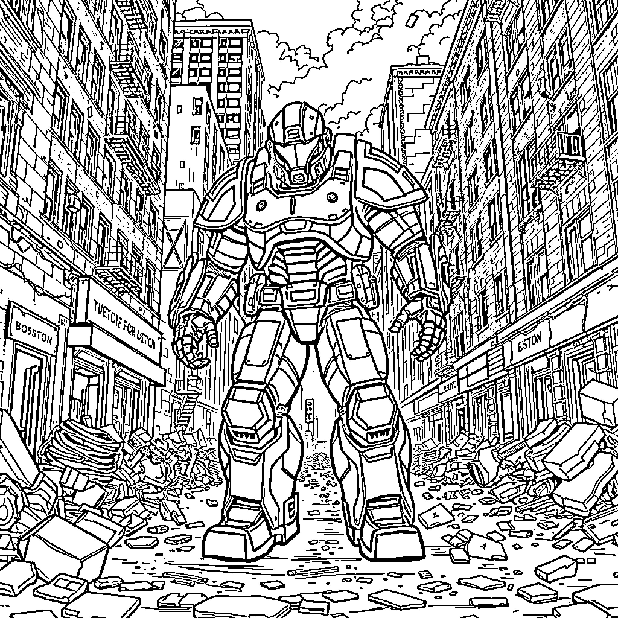 Power Armor Battling Destruction in the City Coloring Page (free black-and-white line drawing printable PDF for all, from beginners to advanced learners, including children, teens, adults, and seniors)