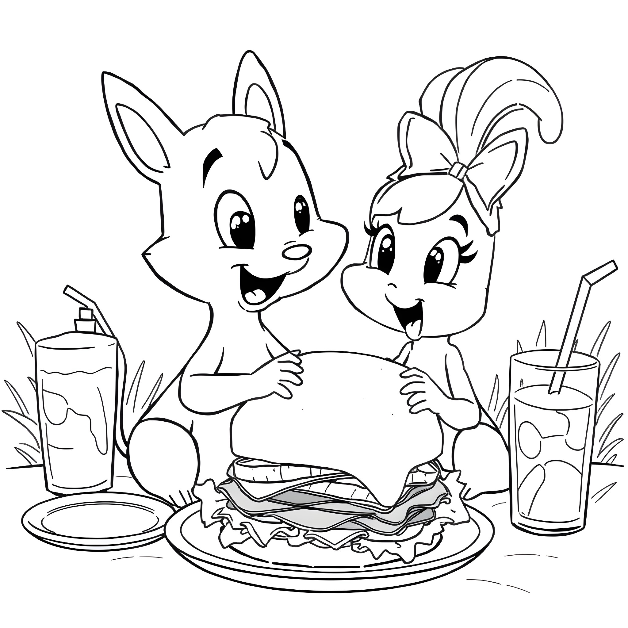 Wenda and friend enjoying a picnic together Coloring Page (free black-and-white line drawing printable PDF for all, from beginners to advanced learners, including children, teens, adults, and seniors)