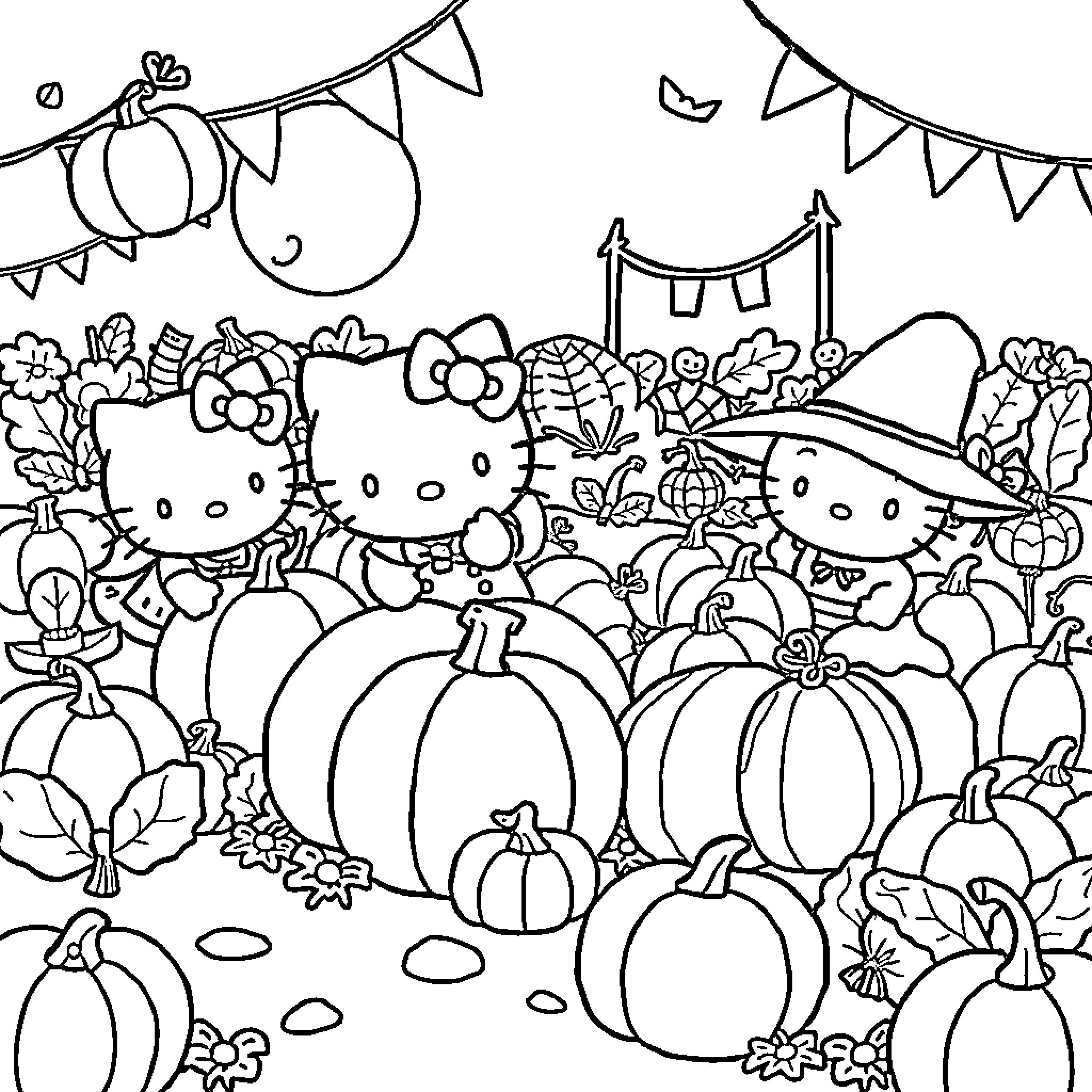 Hello Kitty and Friends Celebrate Autumn Festival Coloring Page (free black-and-white line drawing printable PDF for all, from beginners to advanced learners, including children, teens, adults, and seniors)