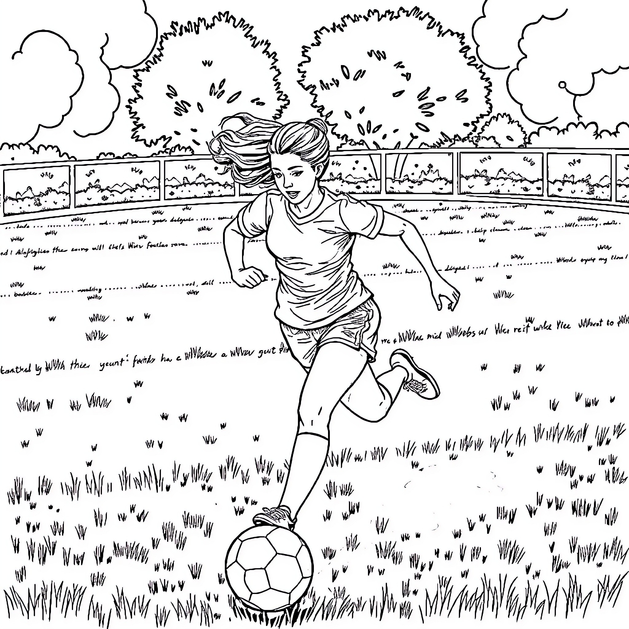 Mia Malkova playing soccer in a field Coloring Page (free black-and-white line drawing printable PDF for all, from beginners to advanced learners, including children, teens, adults, and seniors)