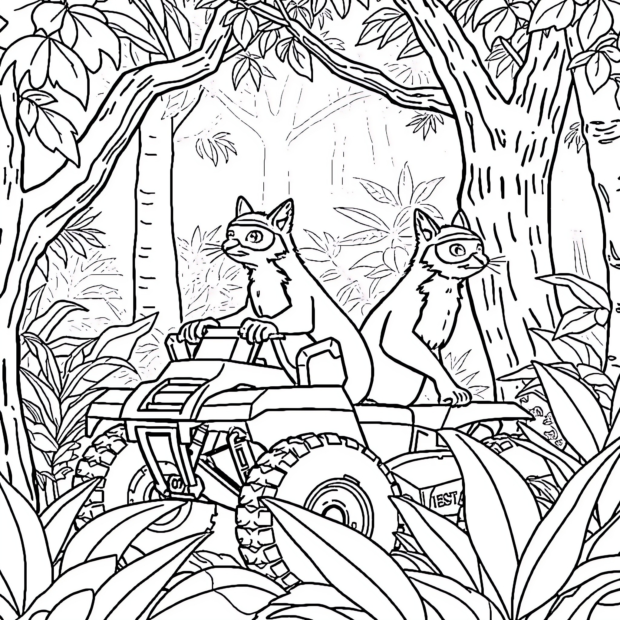 Paw Patrol characters on an off-road vehicle in the jungle Coloring Page (free black-and-white line drawing printable PDF for all, from beginners to advanced learners, including children, teens, adults, and seniors)