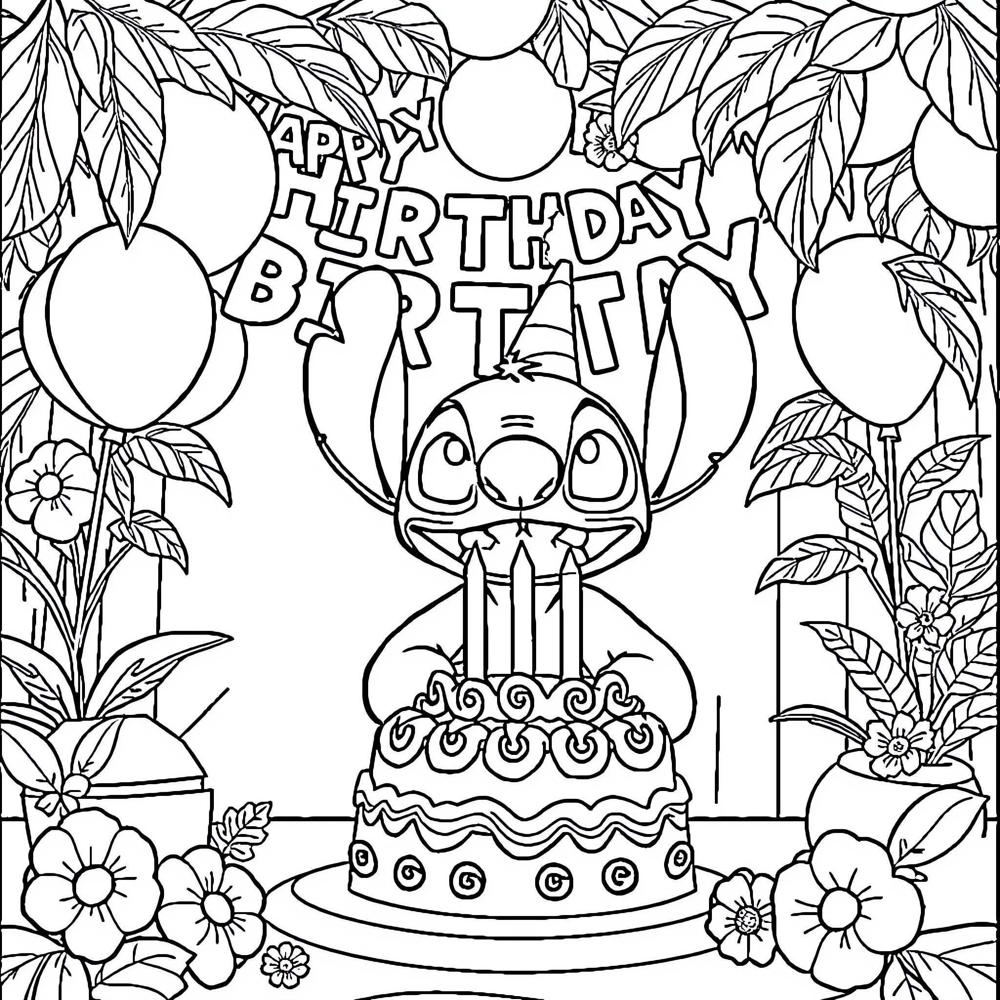 Lilo's Birthday Celebration with Decorations and Cake Coloring Page (free black-and-white line drawing printable PDF for all, from beginners to advanced learners, including children, teens, adults, and seniors)