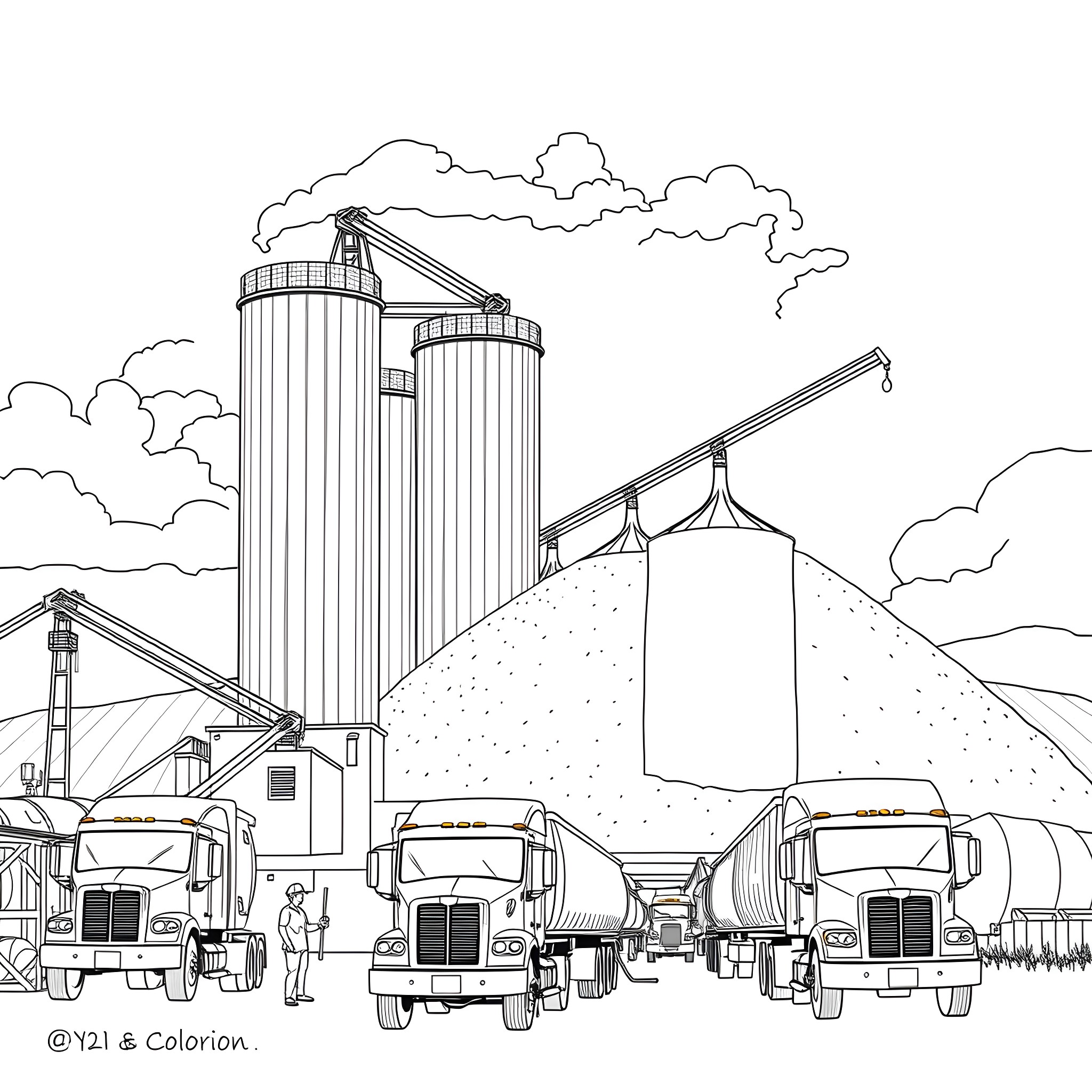 Grain Dump Trucks Unloading at Storage Silos Coloring Page (free black-and-white line drawing printable PDF for all, from beginners to advanced learners, including children, teens, adults, and seniors)