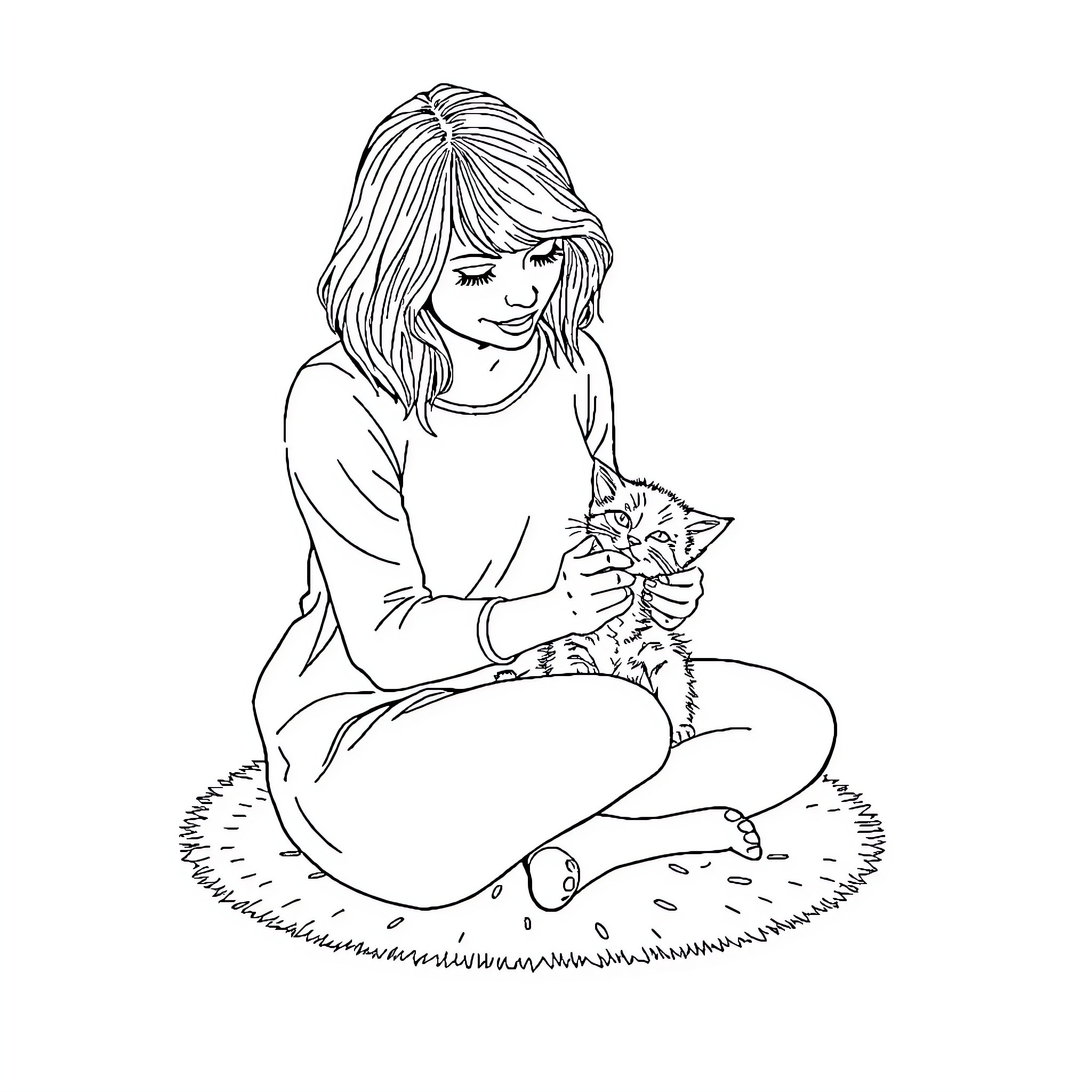 Taylor Swift petting a cat in a cozy setting Coloring Page (free black-and-white line drawing printable PDF for all, from beginners to advanced learners, including children, teens, adults, and seniors)