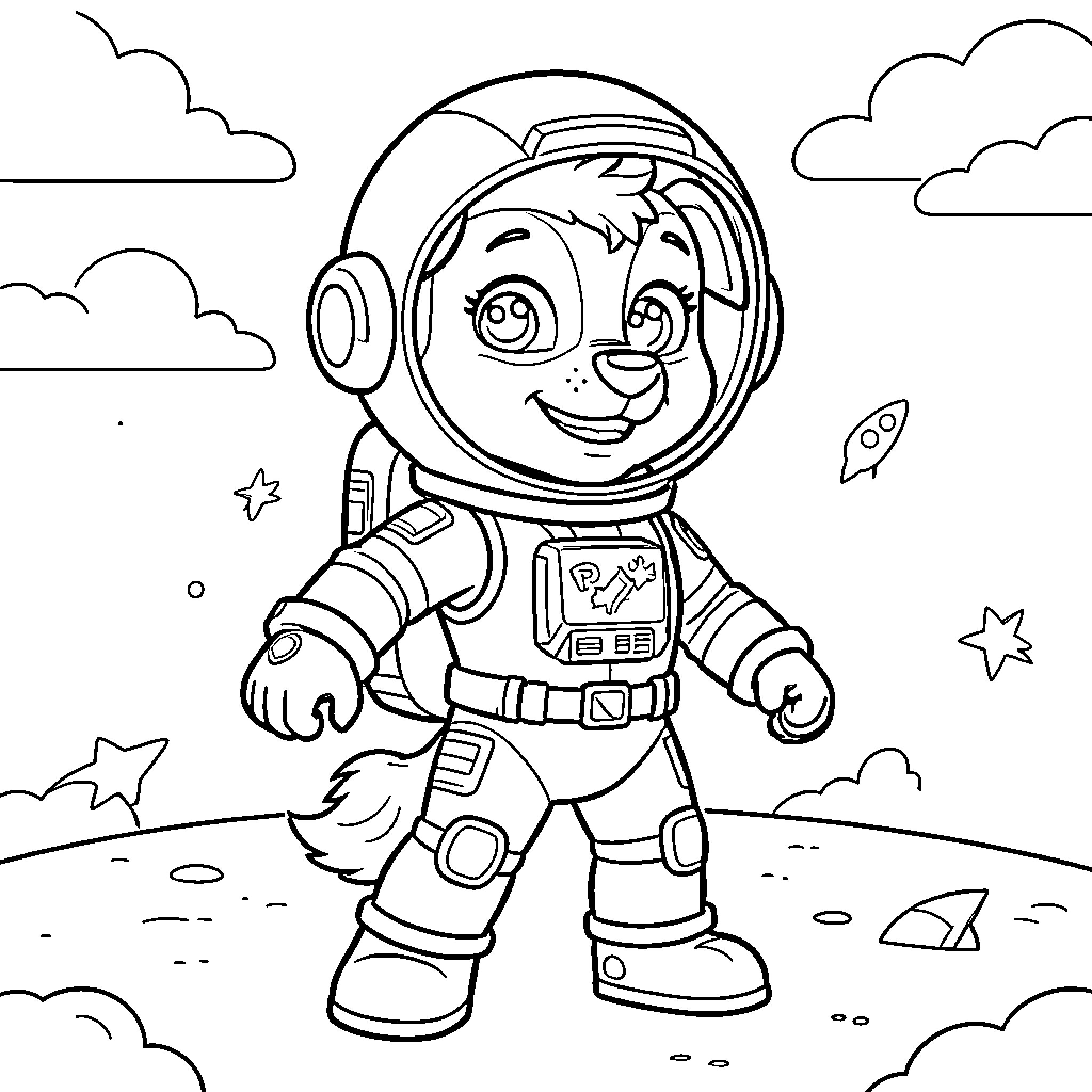 Chase wearing an astronaut suit on the moon Coloring Page (free black-and-white line drawing printable PDF for all, from beginners to advanced learners, including children, teens, adults, and seniors)