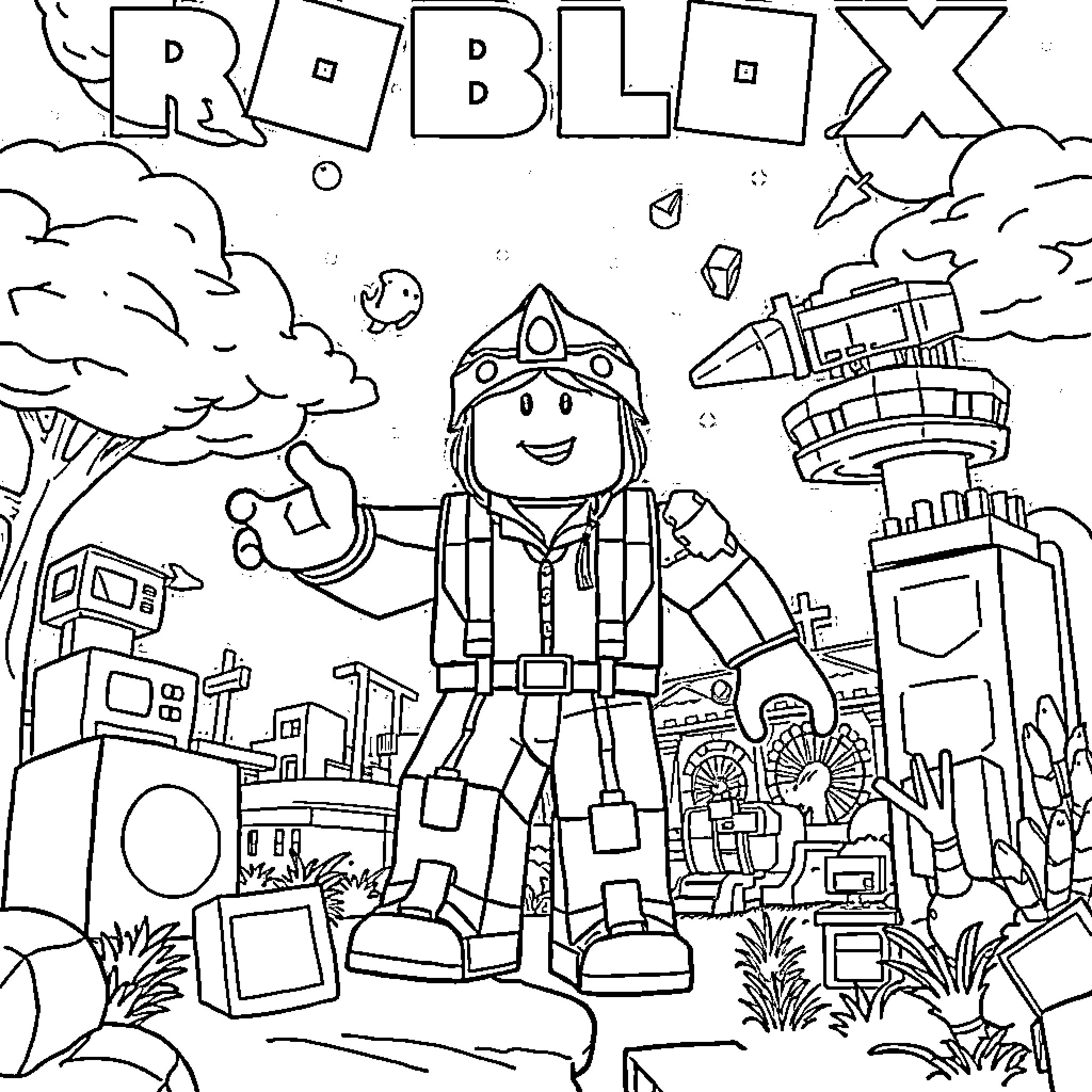 Roblox character exploring a vibrant and imaginative virtual world Coloring Page (free black-and-white line drawing printable PDF for all, from beginners to advanced learners, including children, teens, adults, and seniors)