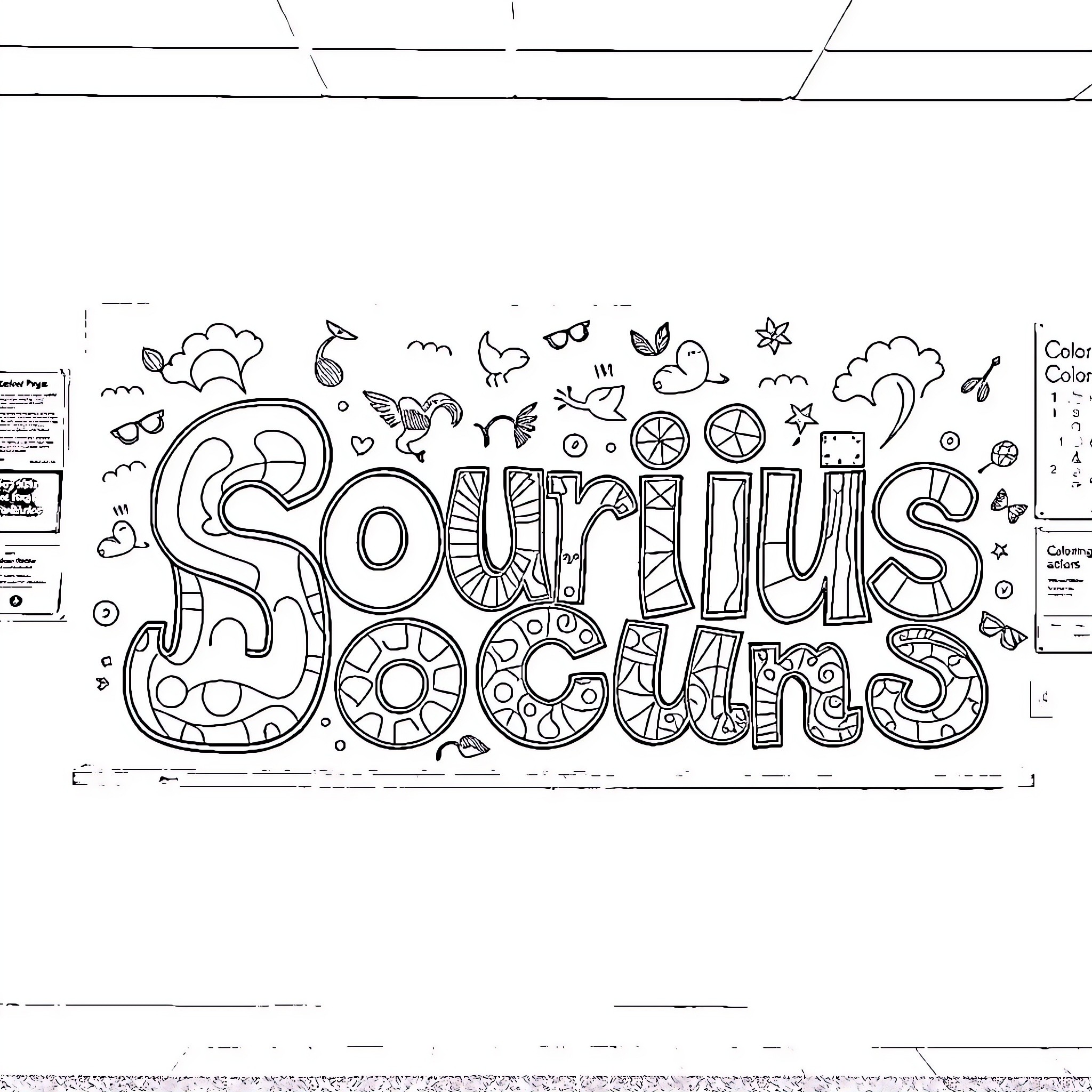 Vowels in Playful Doodles Coloring Page (free black-and-white line drawing printable PDF for all, from beginners to advanced learners, including children, teens, adults, and seniors)