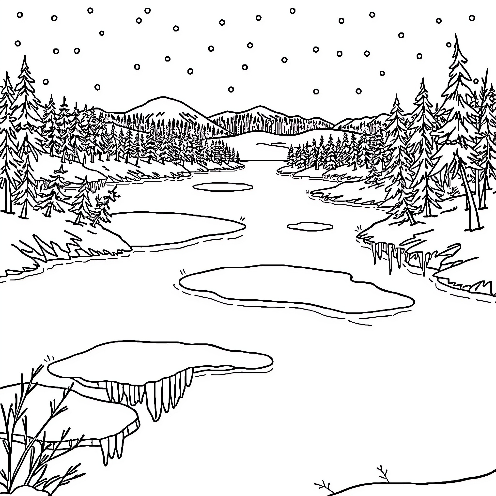 Frozen Landscape of Winter Wonderland Coloring Page (free black-and-white line drawing printable PDF for all, from beginners to advanced learners, including children, teens, adults, and seniors)
