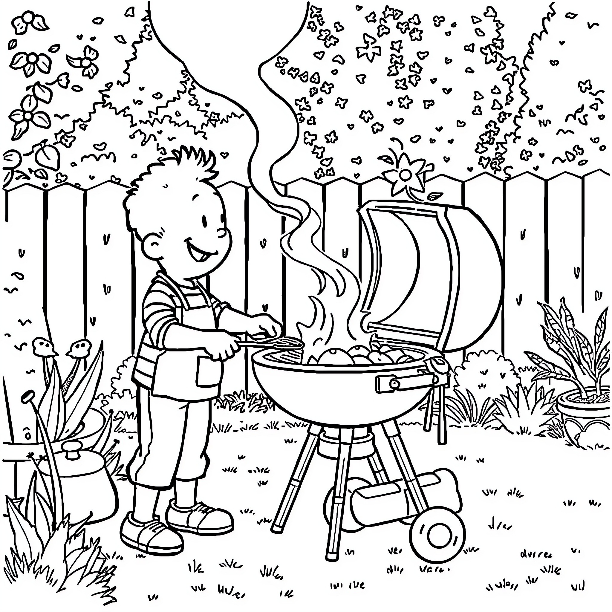 Charlie happily grilling outside in nature Coloring Page (free black-and-white line drawing printable PDF for all, from beginners to advanced learners, including children, teens, adults, and seniors)