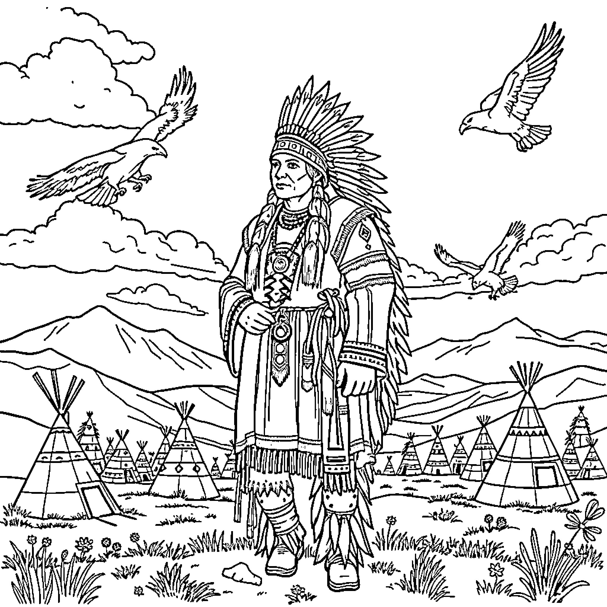 Chief in traditional native attire amid teepee village Coloring Page (free black-and-white line drawing printable PDF for all, from beginners to advanced learners, including children, teens, adults, and seniors)