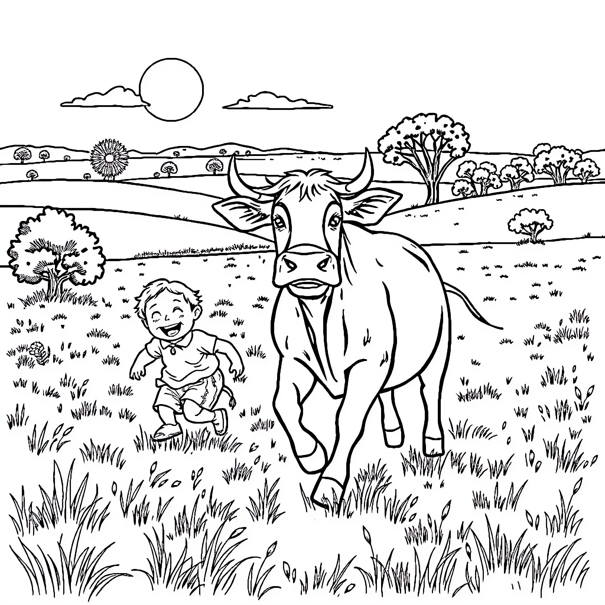 Cow and child playing in the countryside Coloring Page (free black-and-white line drawing printable PDF for all, from beginners to advanced learners, including children, teens, adults, and seniors)