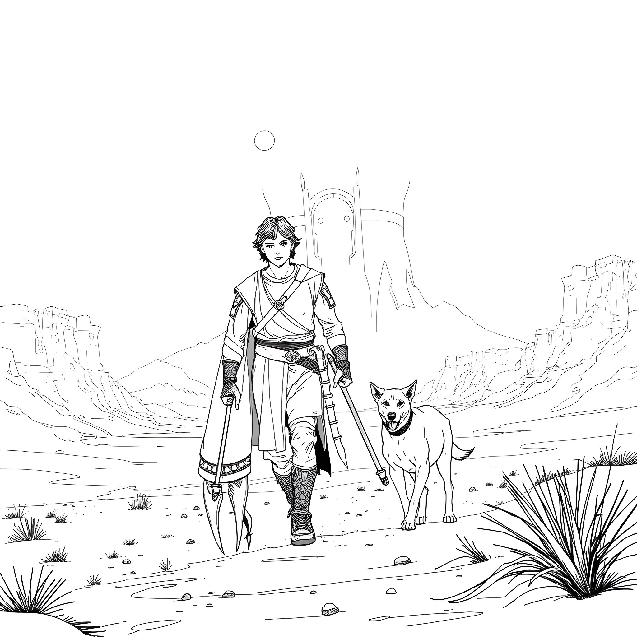 Roland's journey with his loyal canine companion Coloring Page (free black-and-white line drawing printable PDF for all, from beginners to advanced learners, including children, teens, adults, and seniors)