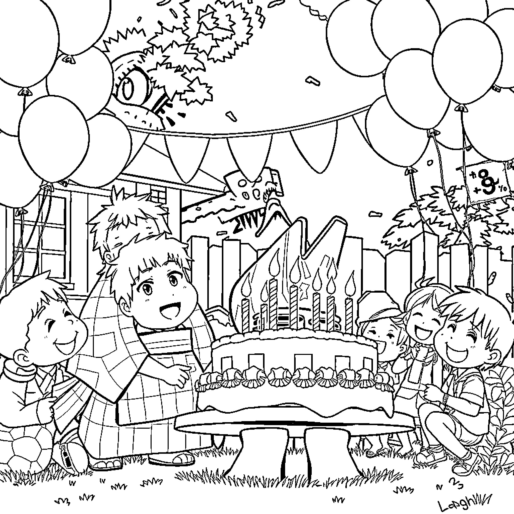 Tanjiro celebrates his birthday with friends Coloring Page (free black-and-white line drawing printable PDF for all, from beginners to advanced learners, including children, teens, adults, and seniors)