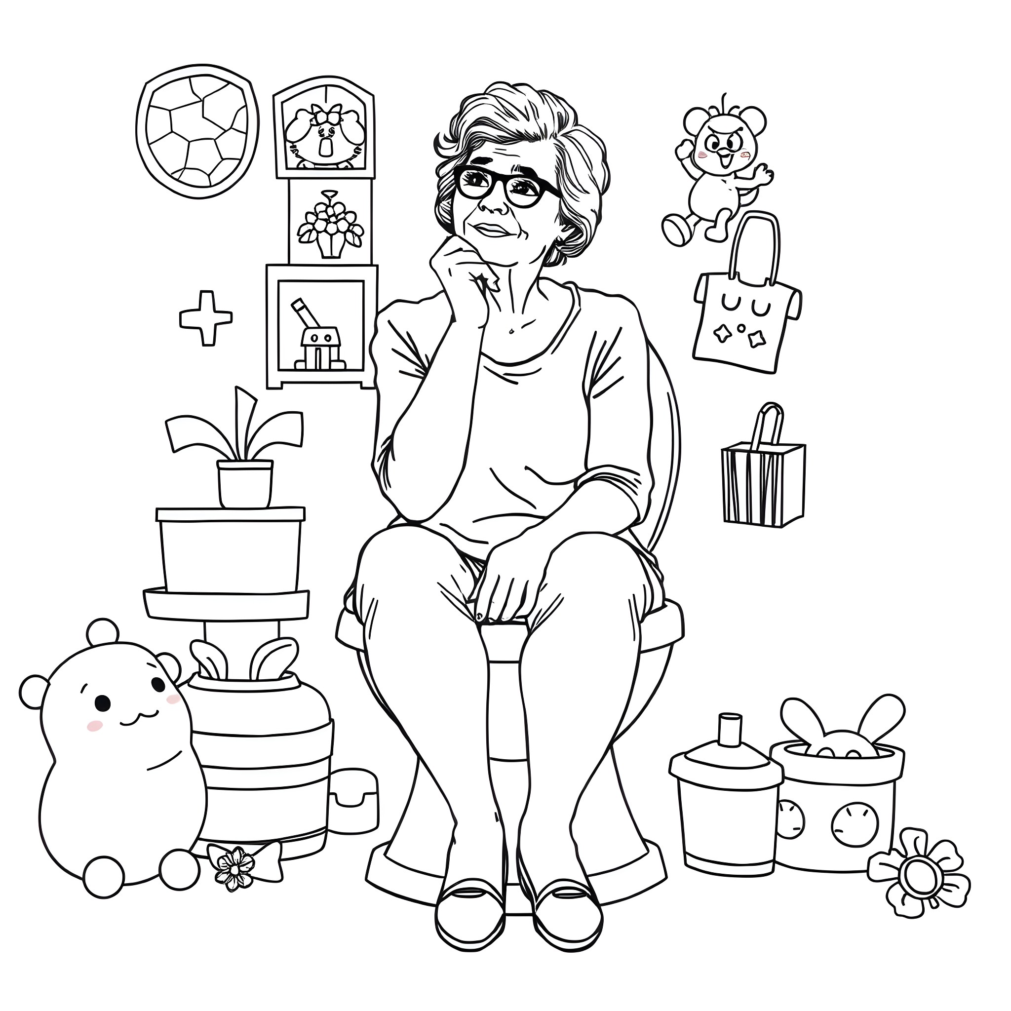 Woman sitting in a room surrounded by toys and decorations Coloring Page (free black-and-white line drawing printable PDF for all, from beginners to advanced learners, including children, teens, adults, and seniors)