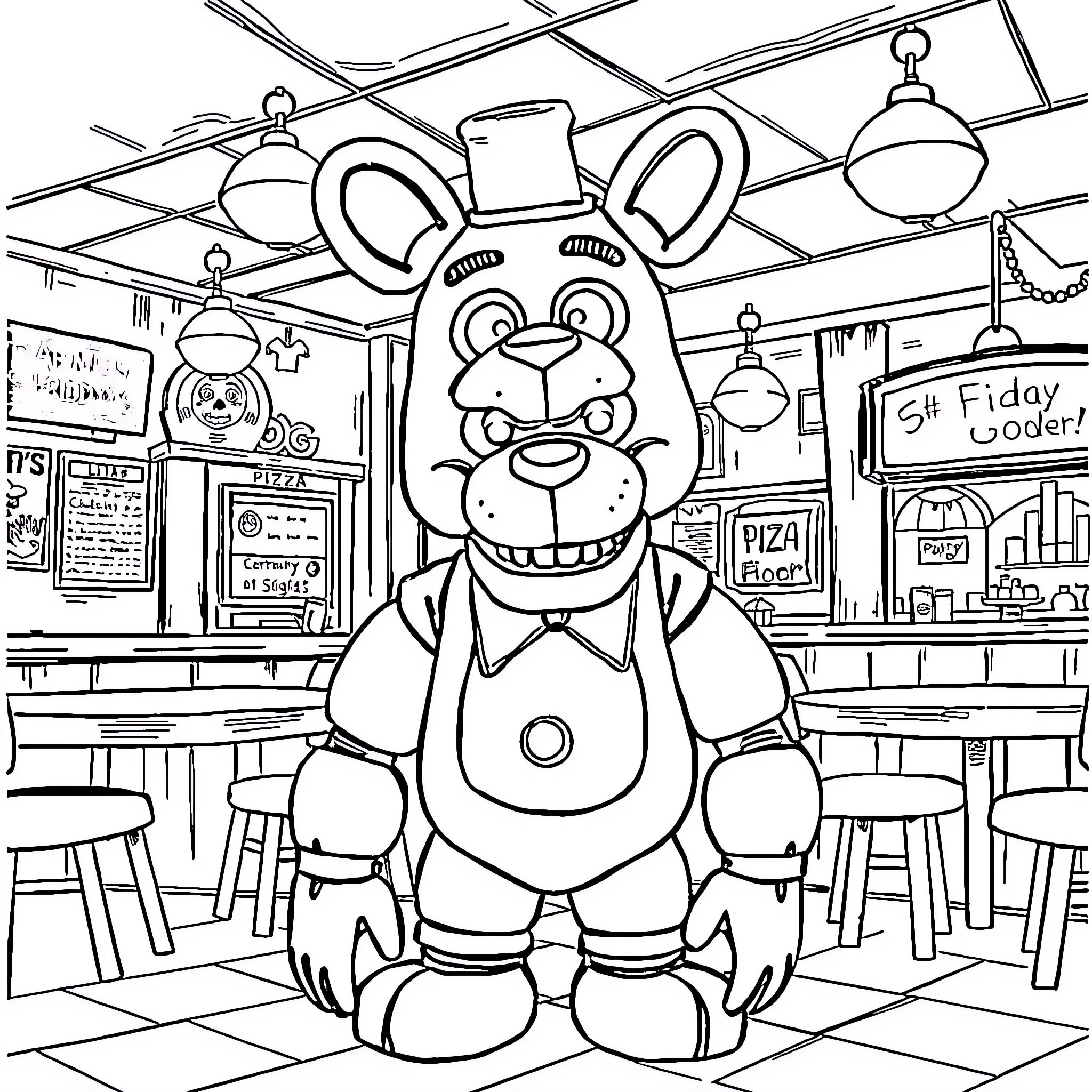 Freddy's Friendly Diner - An Animated Character in a Cozy Cafe Coloring Page (free black-and-white line drawing printable PDF for all, from beginners to advanced learners, including children, teens, adults, and seniors)
