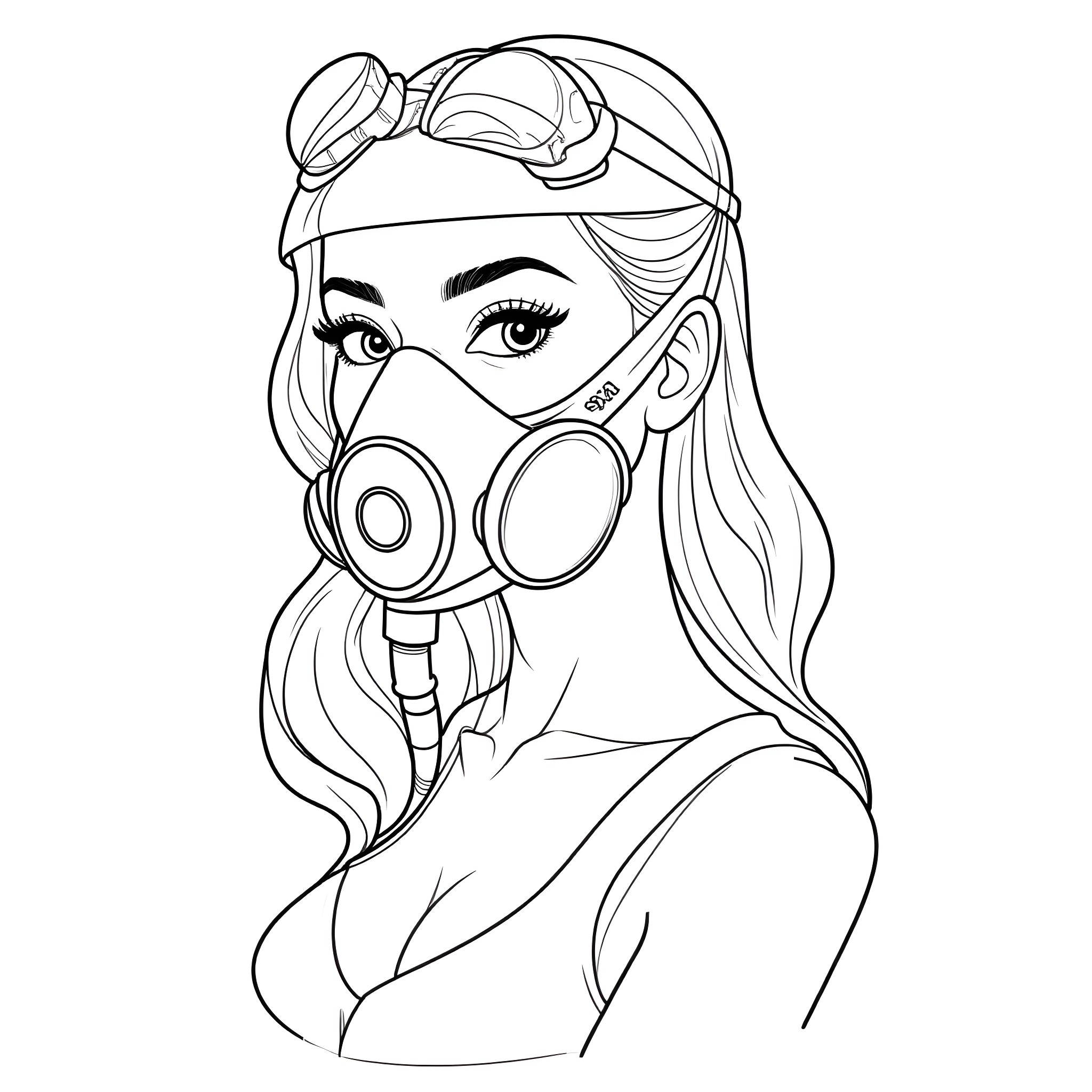 Jennifer Lopez wearing a protective mask and goggles Coloring Page (free black-and-white line drawing printable PDF for all, from beginners to advanced learners, including children, teens, adults, and seniors)