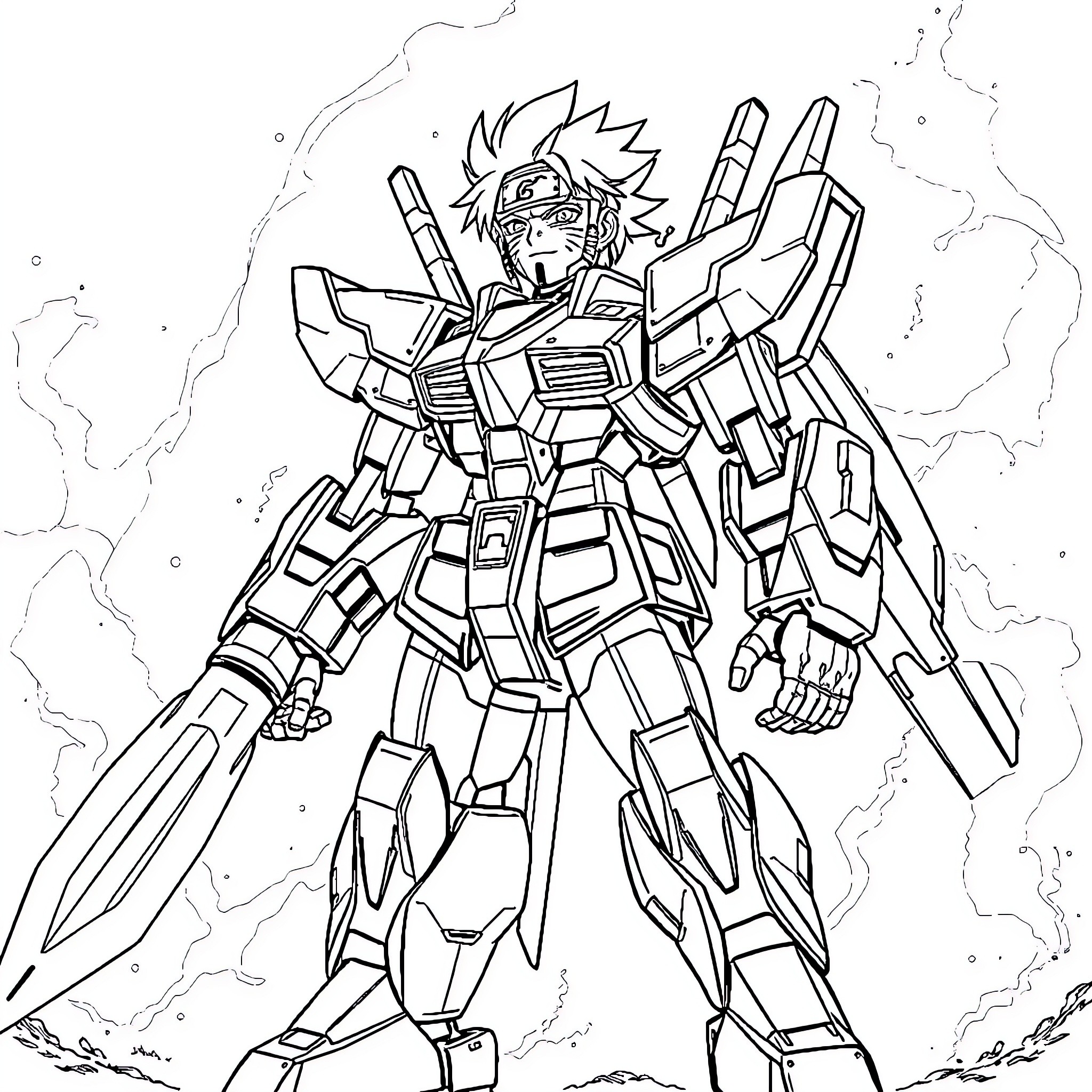 Naruto in Powerful Mecha Suit Wielding Weapons Coloring Page (free black-and-white line drawing printable PDF for all, from beginners to advanced learners, including children, teens, adults, and seniors)